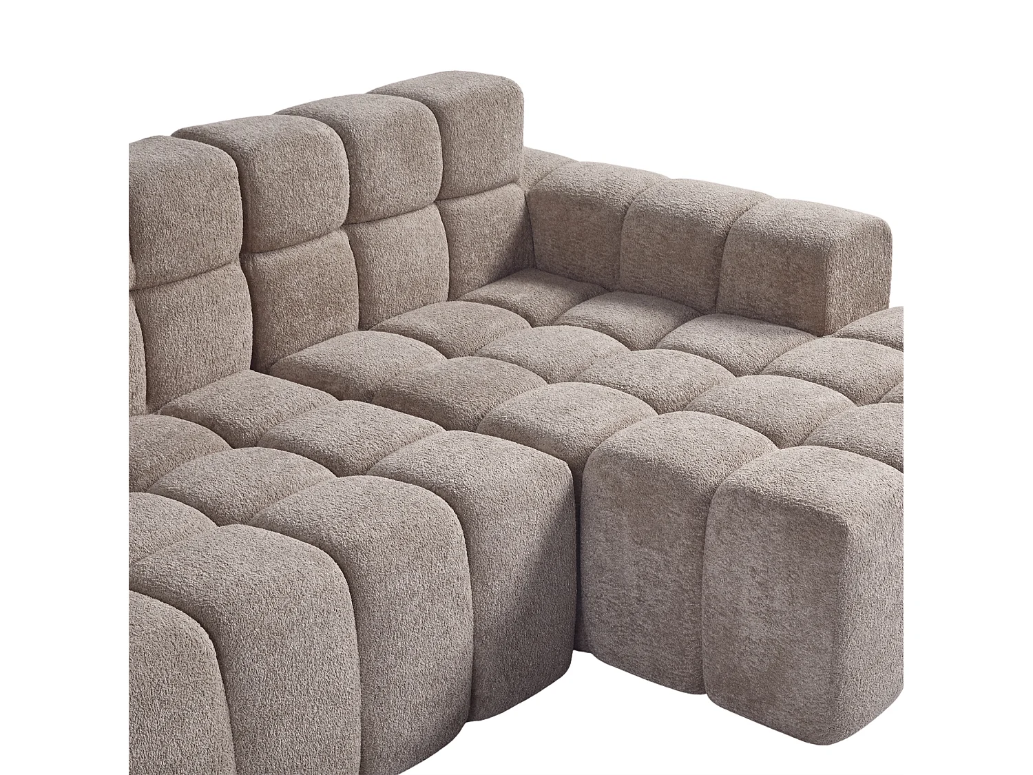 Canapé d’angle 3 places en L en velours taupe, design cubique avec accoudoirs, pour salon