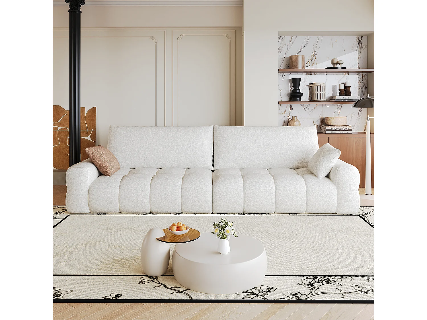 Canapé droit 4 places en tissu blanc, assise profonde, sans montage, 260x105x86 cm
