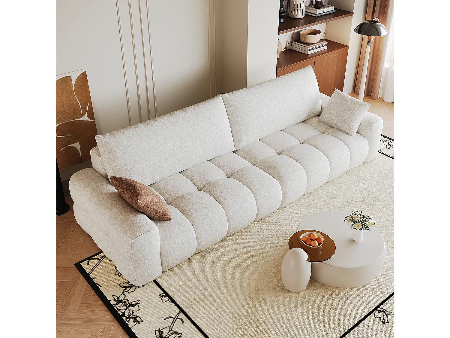 Canapé droit 4 places en tissu blanc, assise profonde, sans montage, 260x105x86 cm