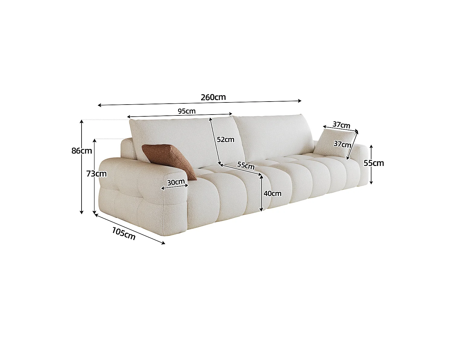 Canapé droit 4 places en tissu blanc, assise profonde, sans montage, 260x105x86 cm