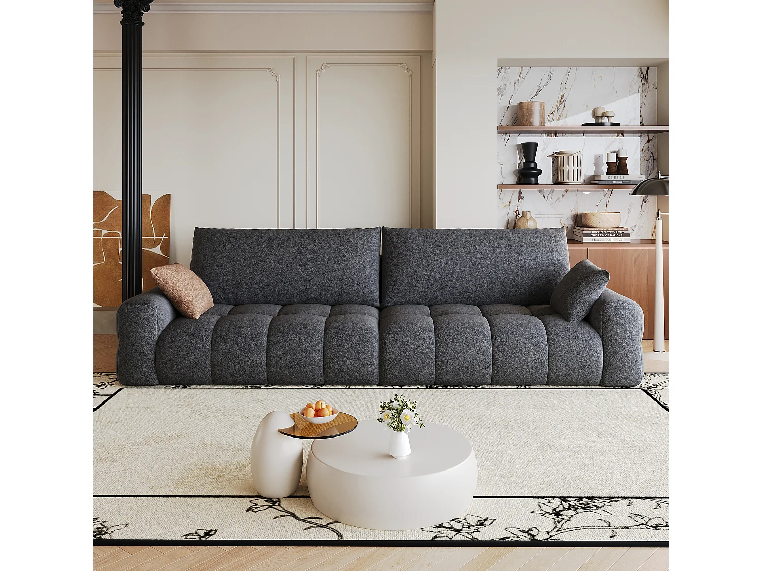 Canapé droit 4 places en tissu gris foncé, assise profonde, sans montage, 260x105x86 cm