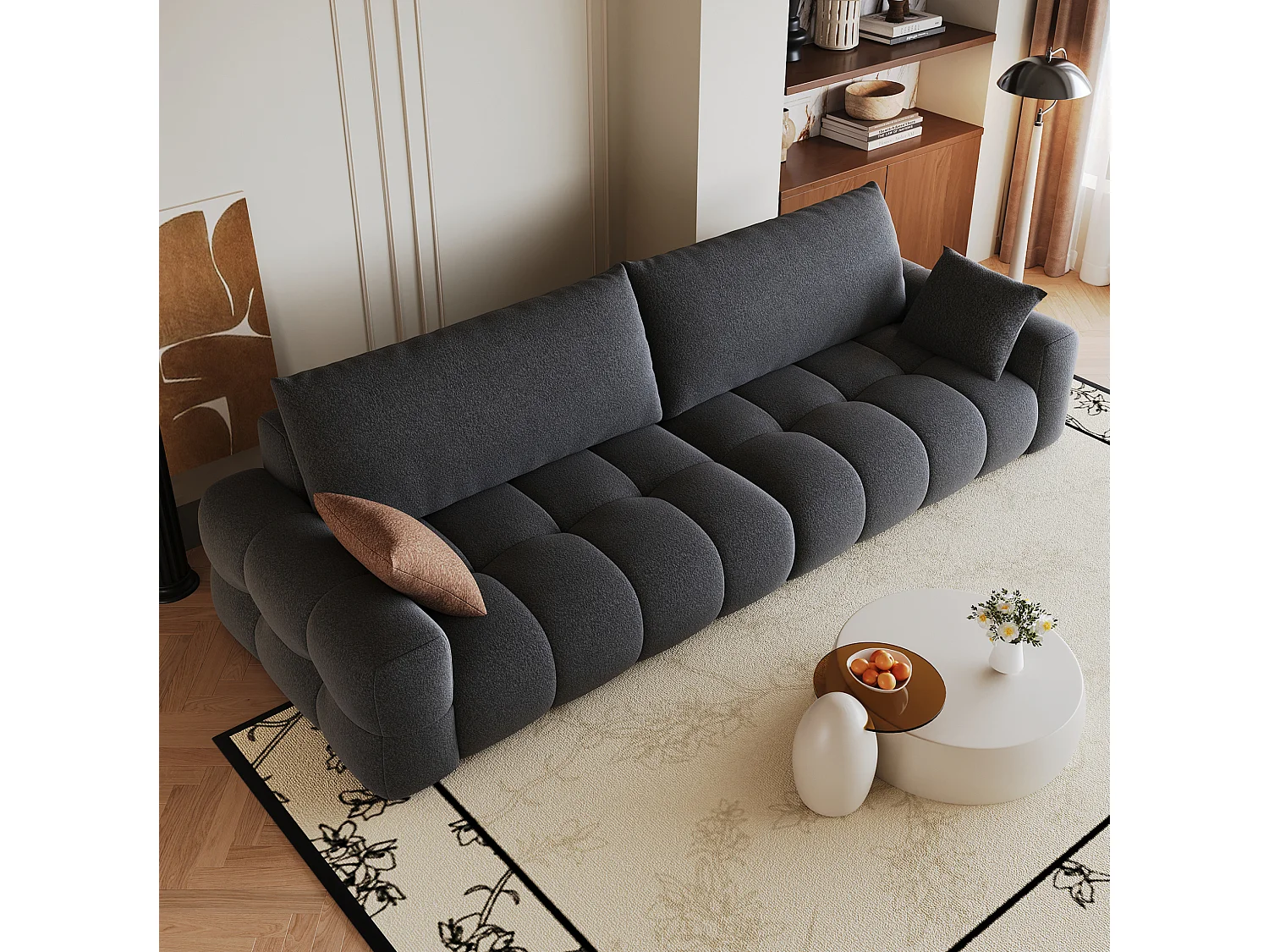 Canapé droit 4 places en tissu gris foncé, assise profonde, sans montage, 260x105x86 cm