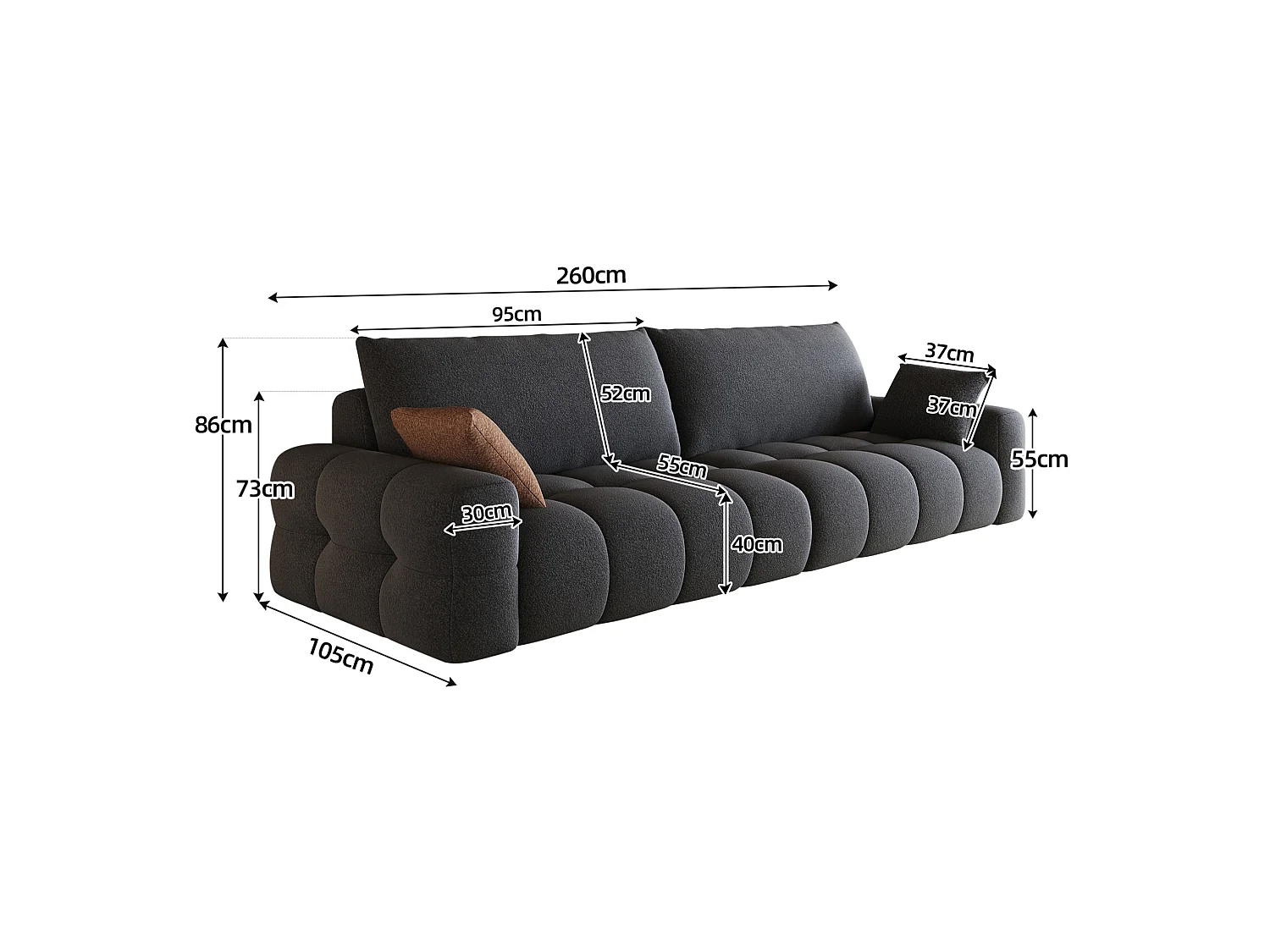 Canapé droit 4 places en tissu gris foncé, assise profonde, sans montage, 260x105x86 cm