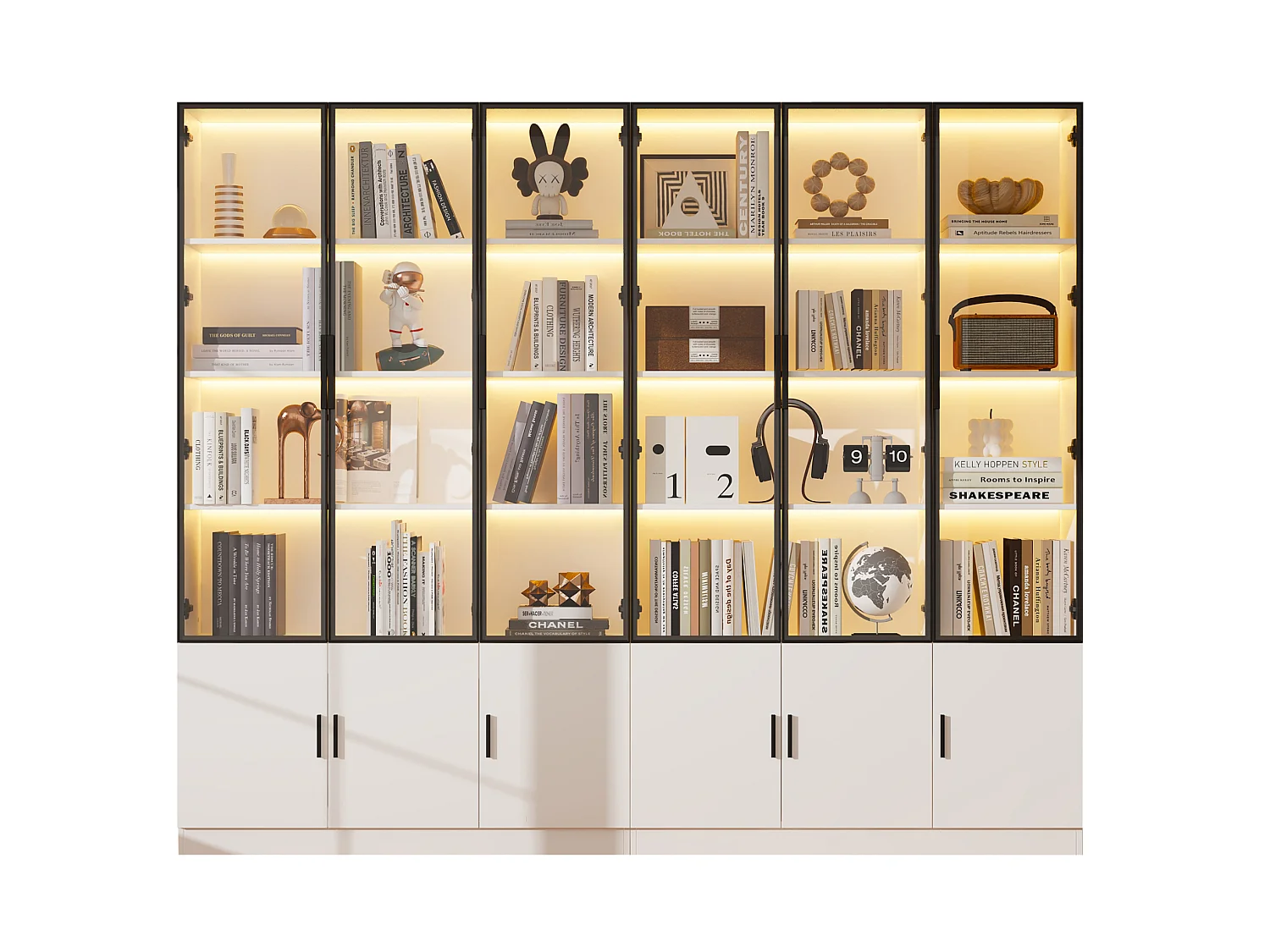 Vitrina alta blanca 240x32x200 cm de MDF y vidrio con 12 puertas, LED integrado y cierre suave