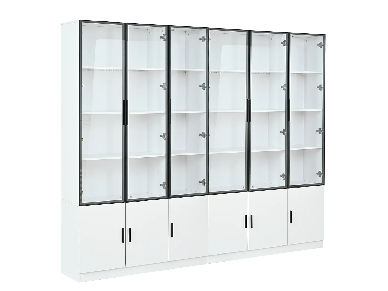 Vitrina alta blanca 240x32x200 cm de MDF y vidrio con 12 puertas, LED integrado y cierre suave