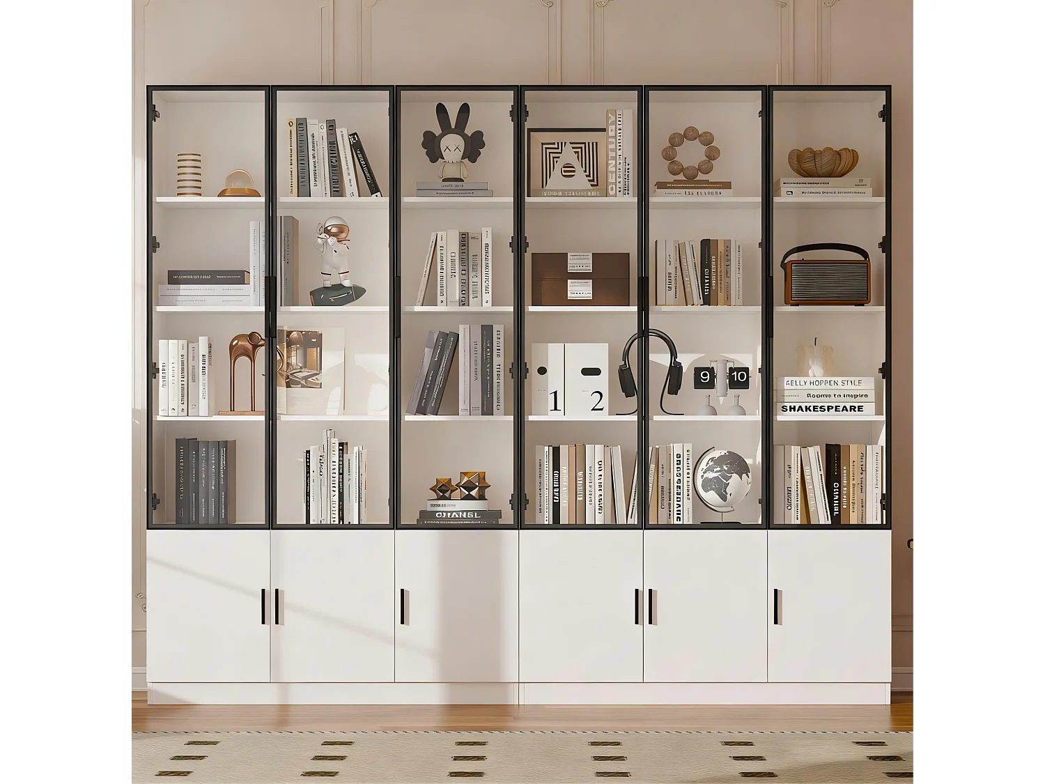 Vitrina alta blanca 240x32x200 cm de MDF y vidrio con 12 puertas, LED integrado y cierre suave