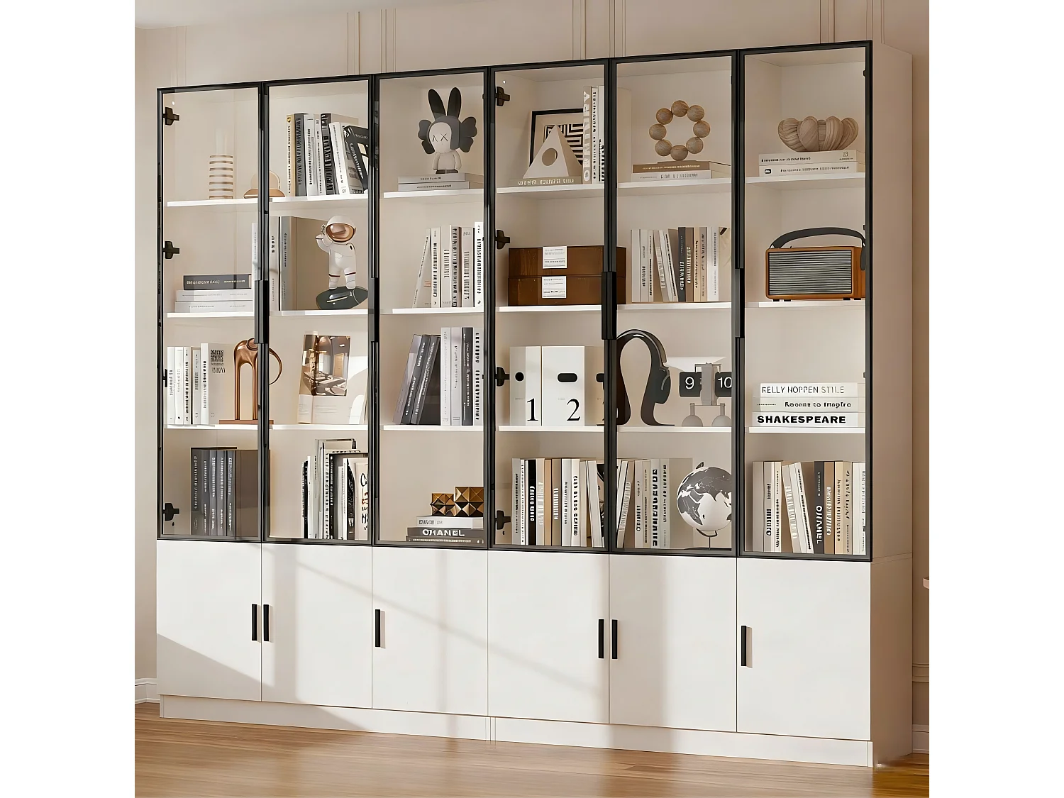 Vitrina alta blanca 240x32x200 cm de MDF y vidrio con 12 puertas, LED integrado y cierre suave