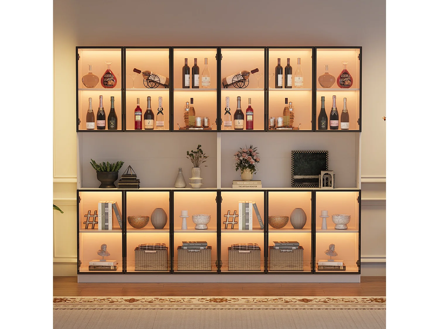 Witte vitrinekast 240 x 34 x 200 cm van glas en MDF met LED‑verlichting, 12 deuren en soft‑close