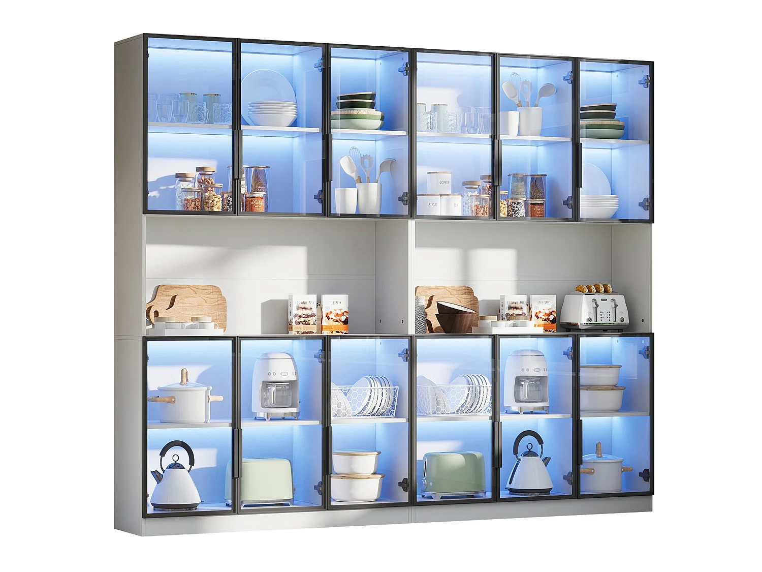 Witte vitrinekast 240 x 34 x 200 cm van glas en MDF met LED‑verlichting, 12 deuren en soft‑close