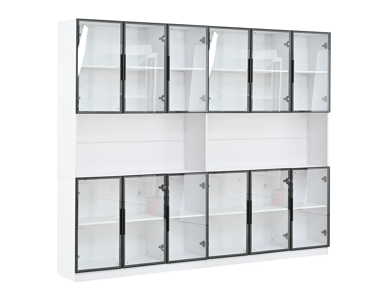 Witte vitrinekast 240 x 34 x 200 cm van glas en MDF met LED‑verlichting, 12 deuren en soft‑close