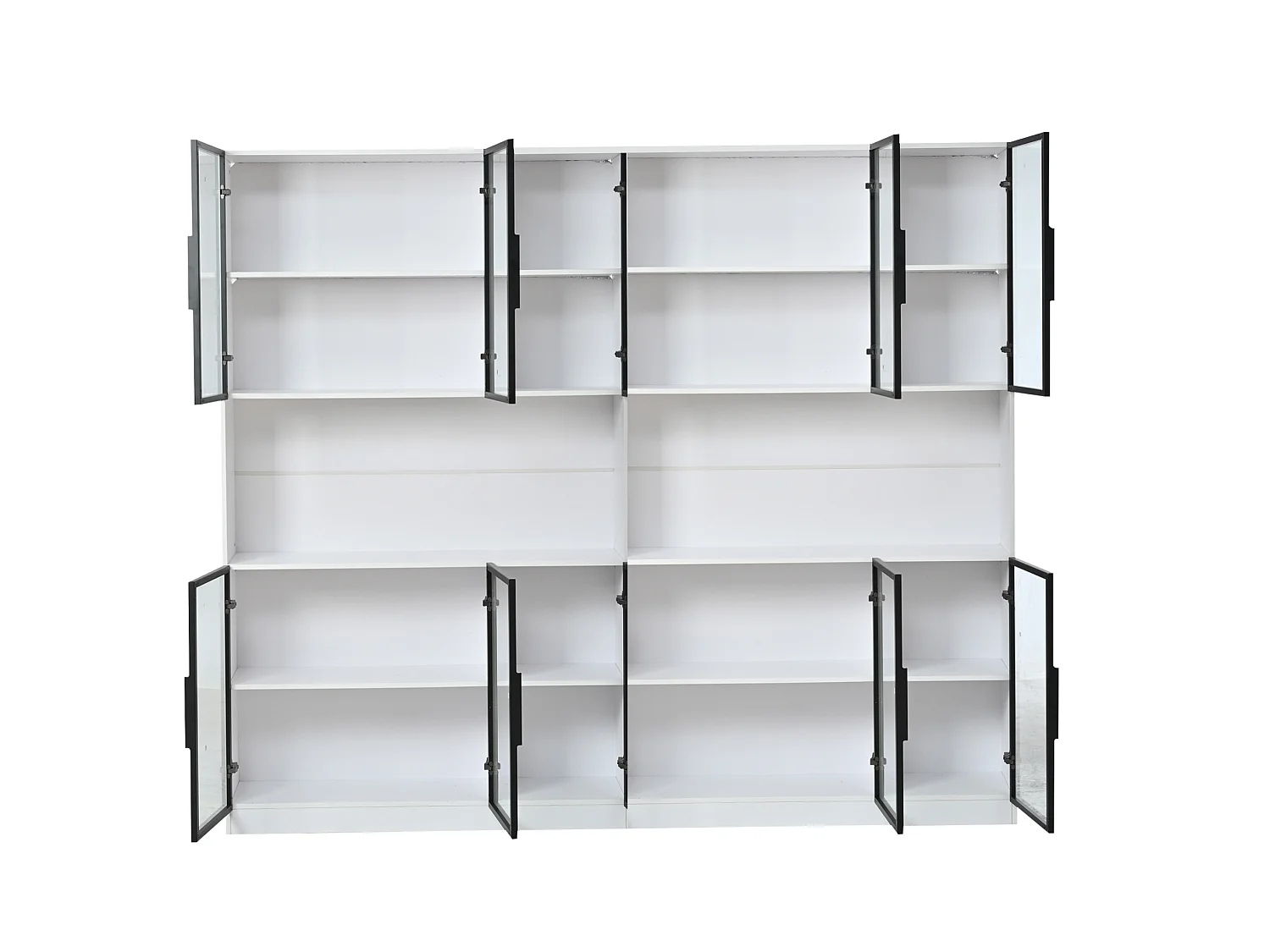 Witte vitrinekast 240 x 34 x 200 cm van glas en MDF met LED‑verlichting, 12 deuren en soft‑close