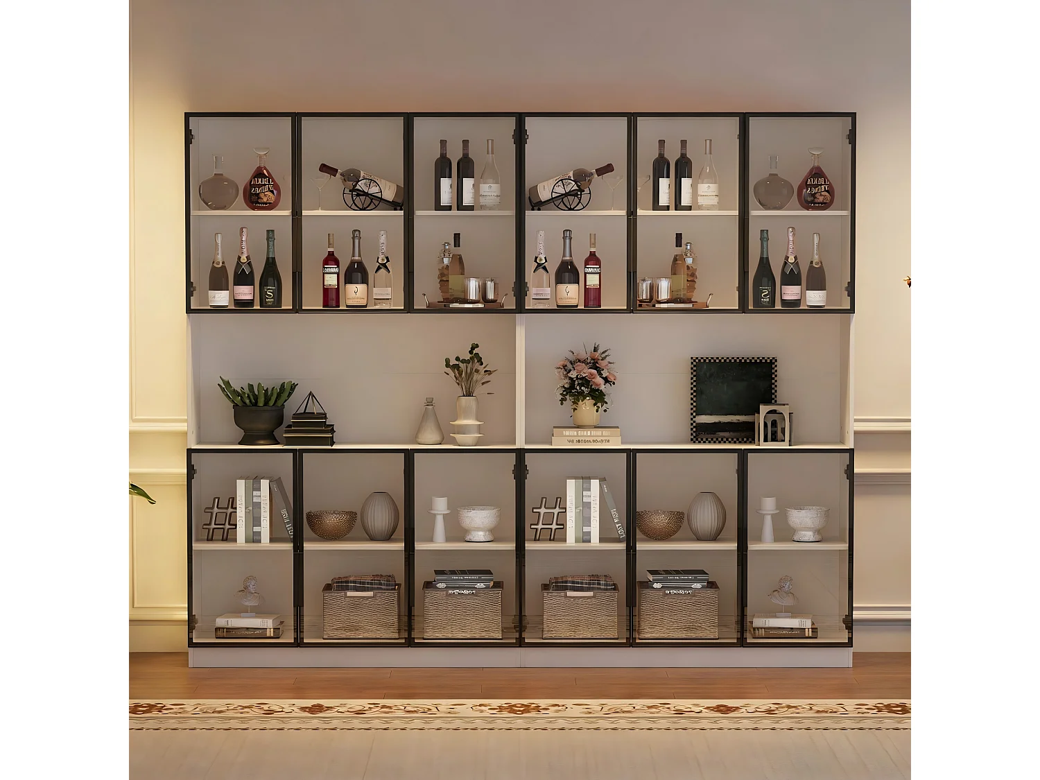 Witte vitrinekast 240 x 34 x 200 cm van glas en MDF met LED‑verlichting, 12 deuren en soft‑close