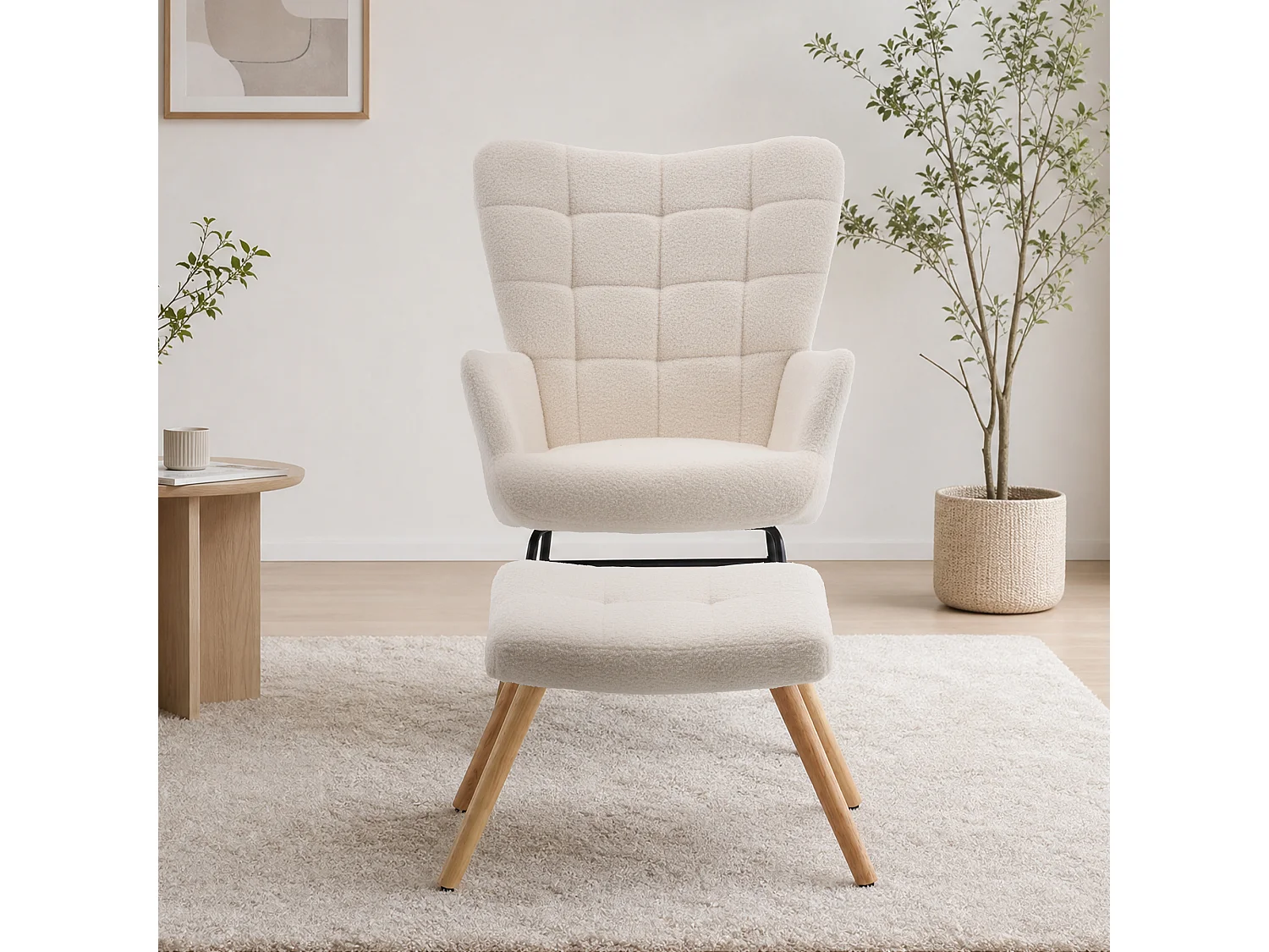 Sillón mecedora beige de tejido bouclé con reposapiés independiente, respaldo alto, estructura de madera y metal
