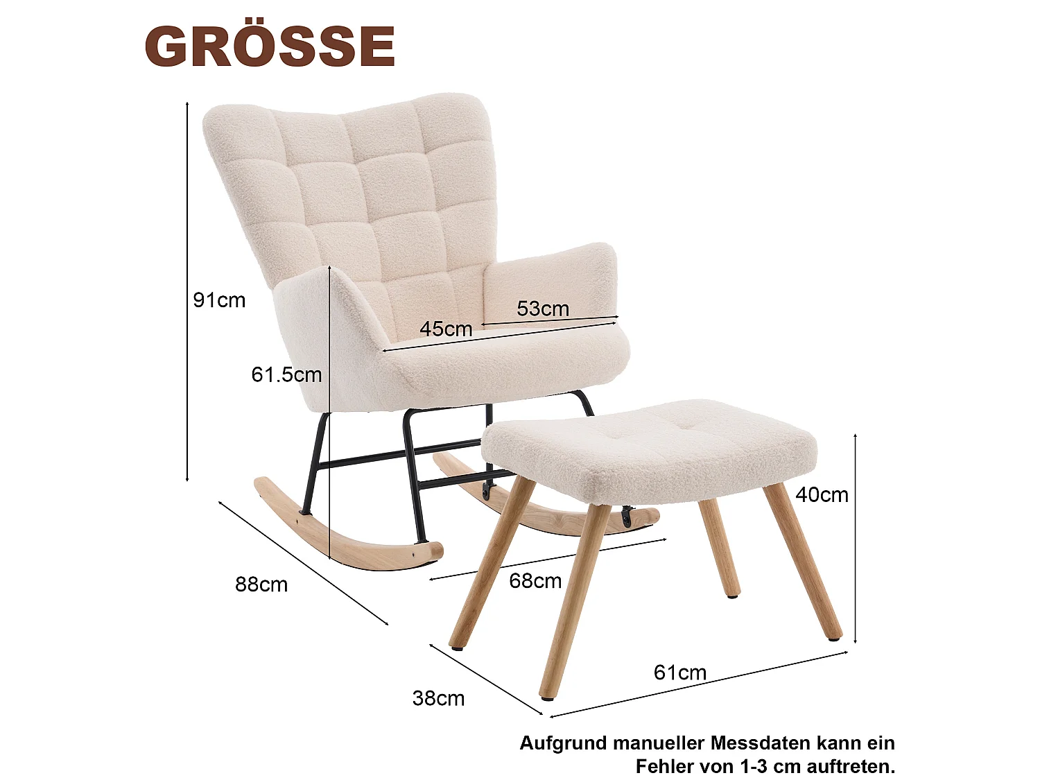 Sillón mecedora beige de tejido bouclé con reposapiés independiente, respaldo alto, estructura de madera y metal