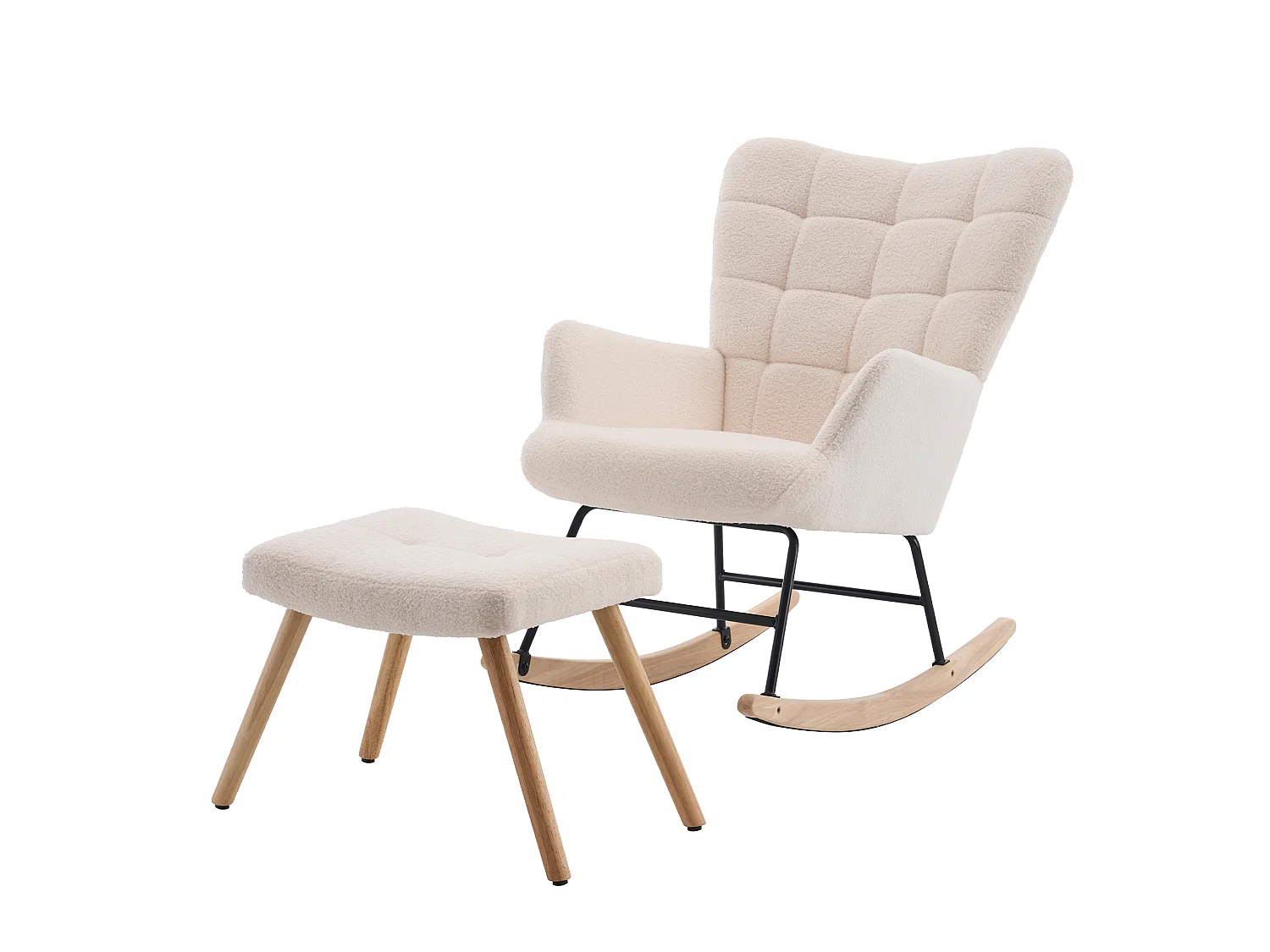 Sillón mecedora beige de tejido bouclé con reposapiés independiente, respaldo alto, estructura de madera y metal