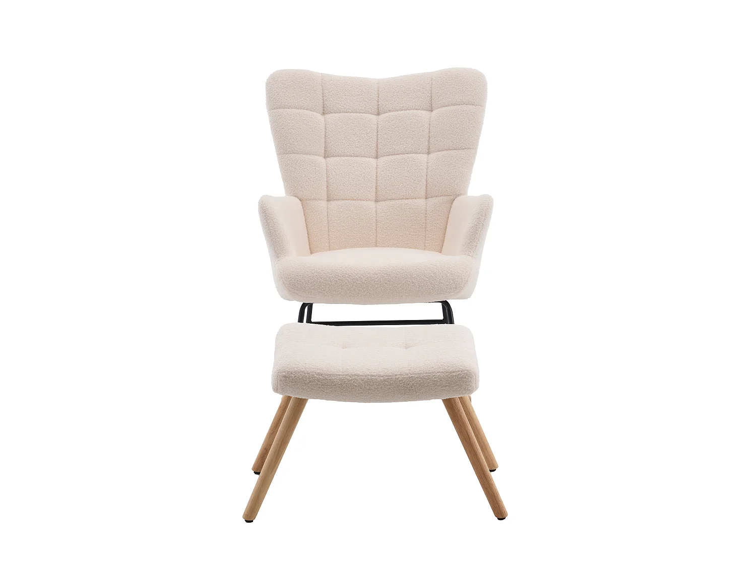 Sillón mecedora beige de tejido bouclé con reposapiés independiente, respaldo alto, estructura de madera y metal