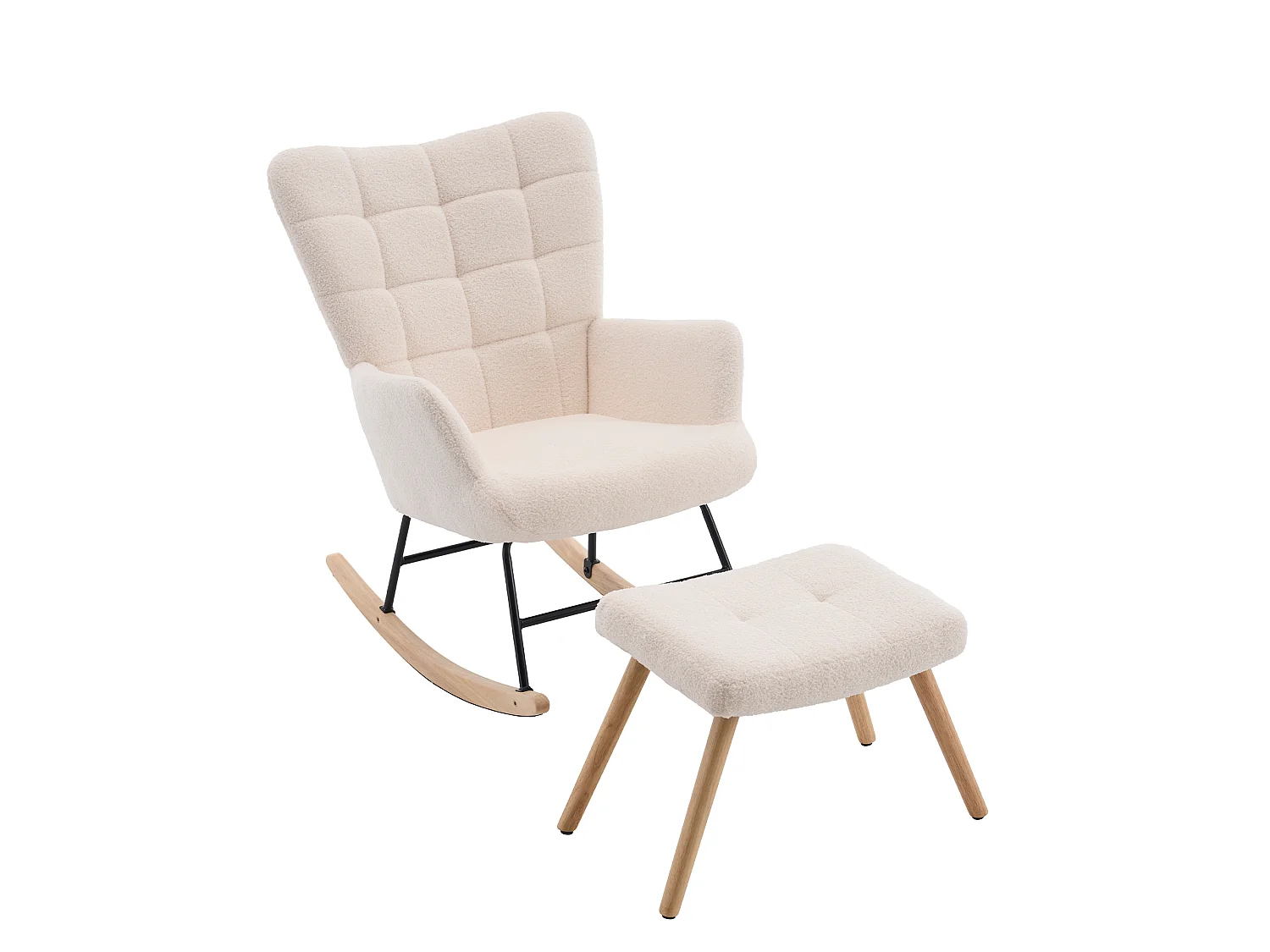 Sillón mecedora beige de tejido bouclé con reposapiés independiente, respaldo alto, estructura de madera y metal