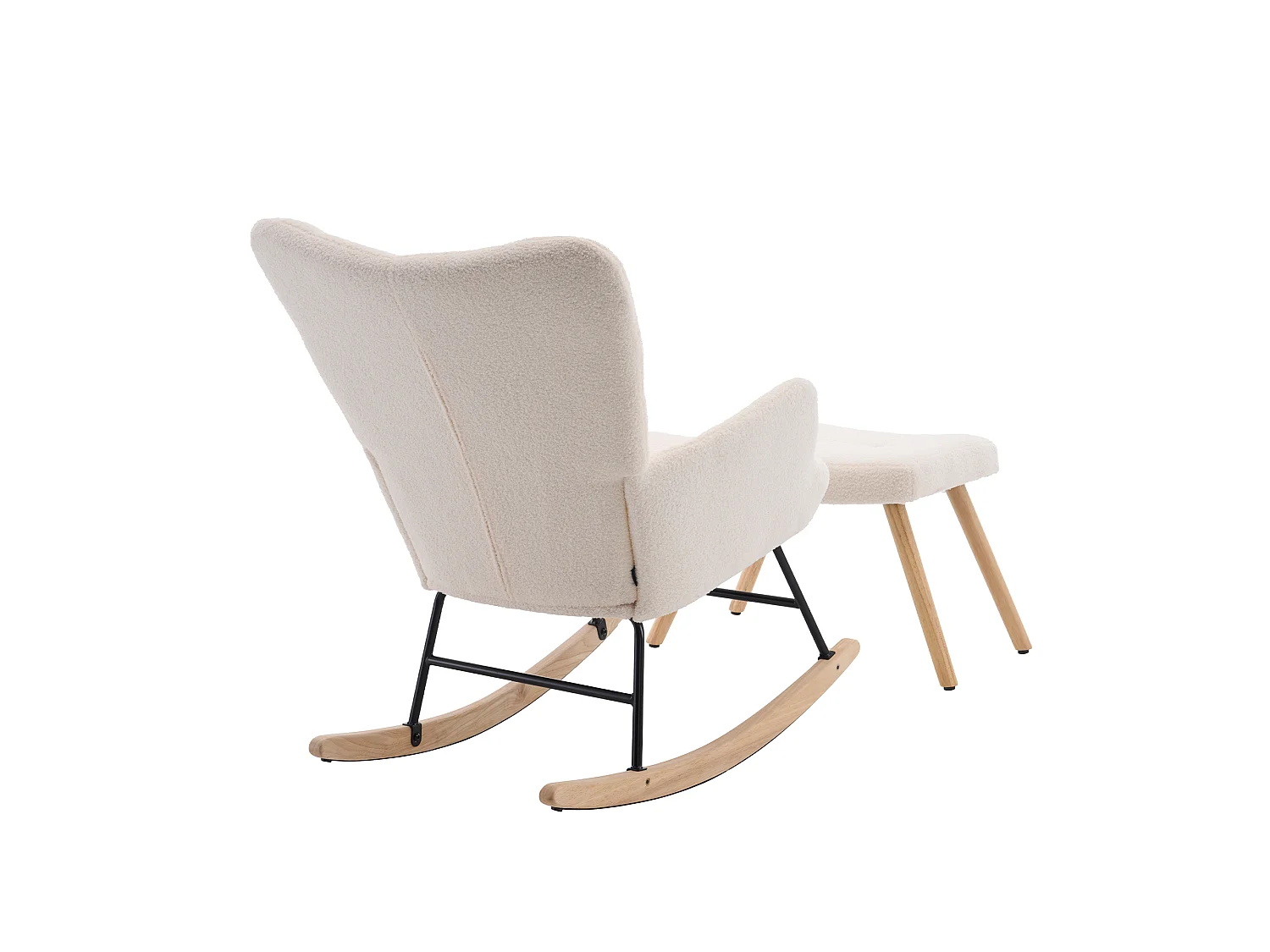 Sillón mecedora beige de tejido bouclé con reposapiés independiente, respaldo alto, estructura de madera y metal