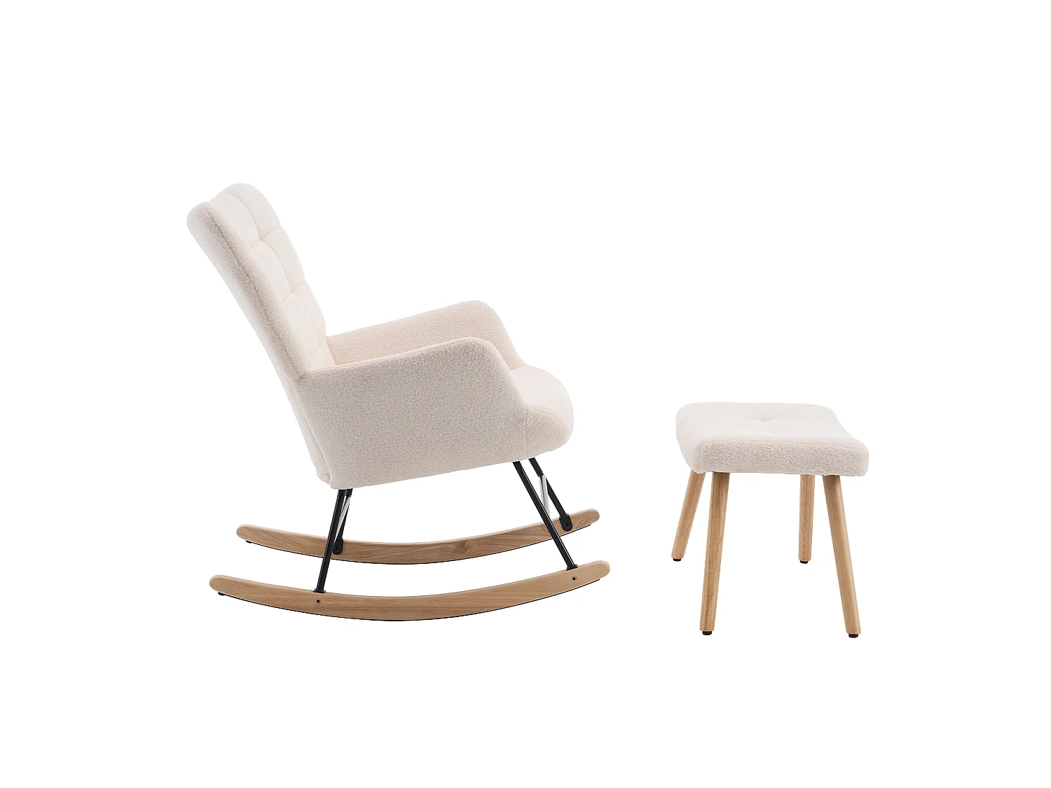 Sillón mecedora beige de tejido bouclé con reposapiés independiente, respaldo alto, estructura de madera y metal