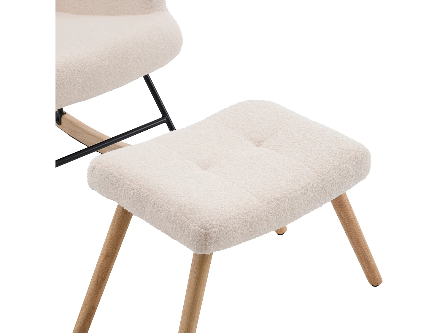Sillón mecedora beige de tejido bouclé con reposapiés independiente, respaldo alto, estructura de madera y metal