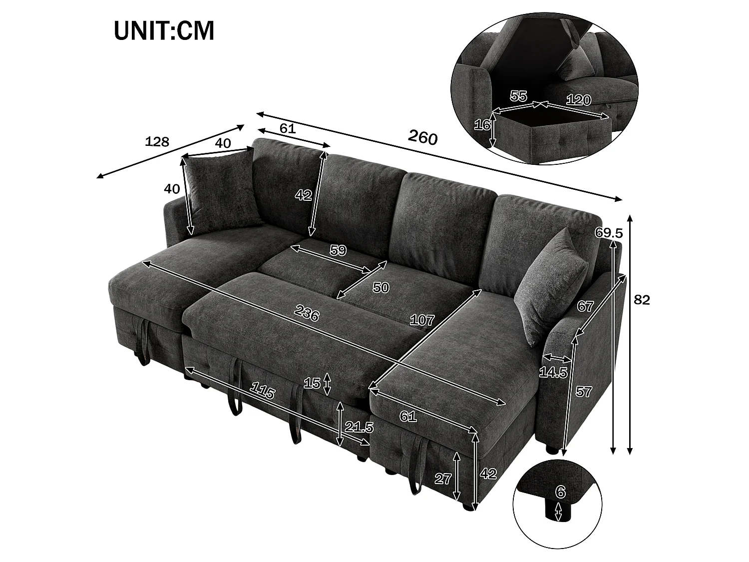 Canapé d'angle convertible 4 places en chenille gris foncé avec 2 rangements méridienne, canapé-lit extensible et ports USB/Type-C