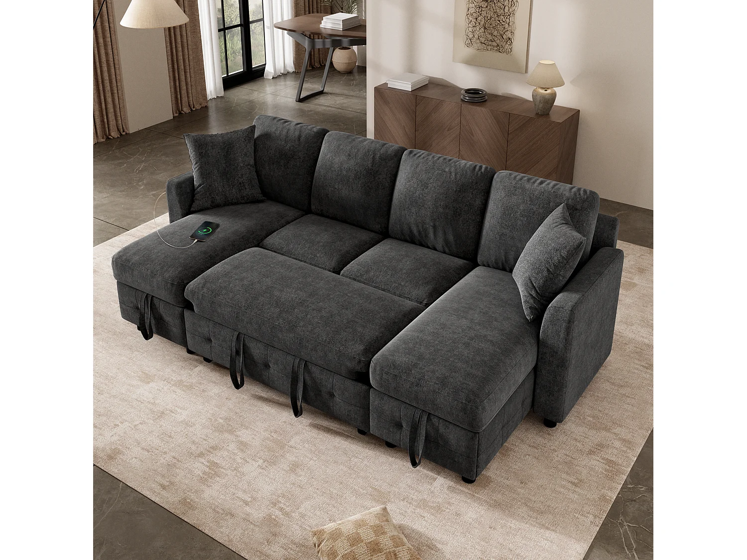 Canapé d'angle convertible 4 places en chenille gris foncé avec 2 rangements méridienne, canapé-lit extensible et ports USB/Type-C