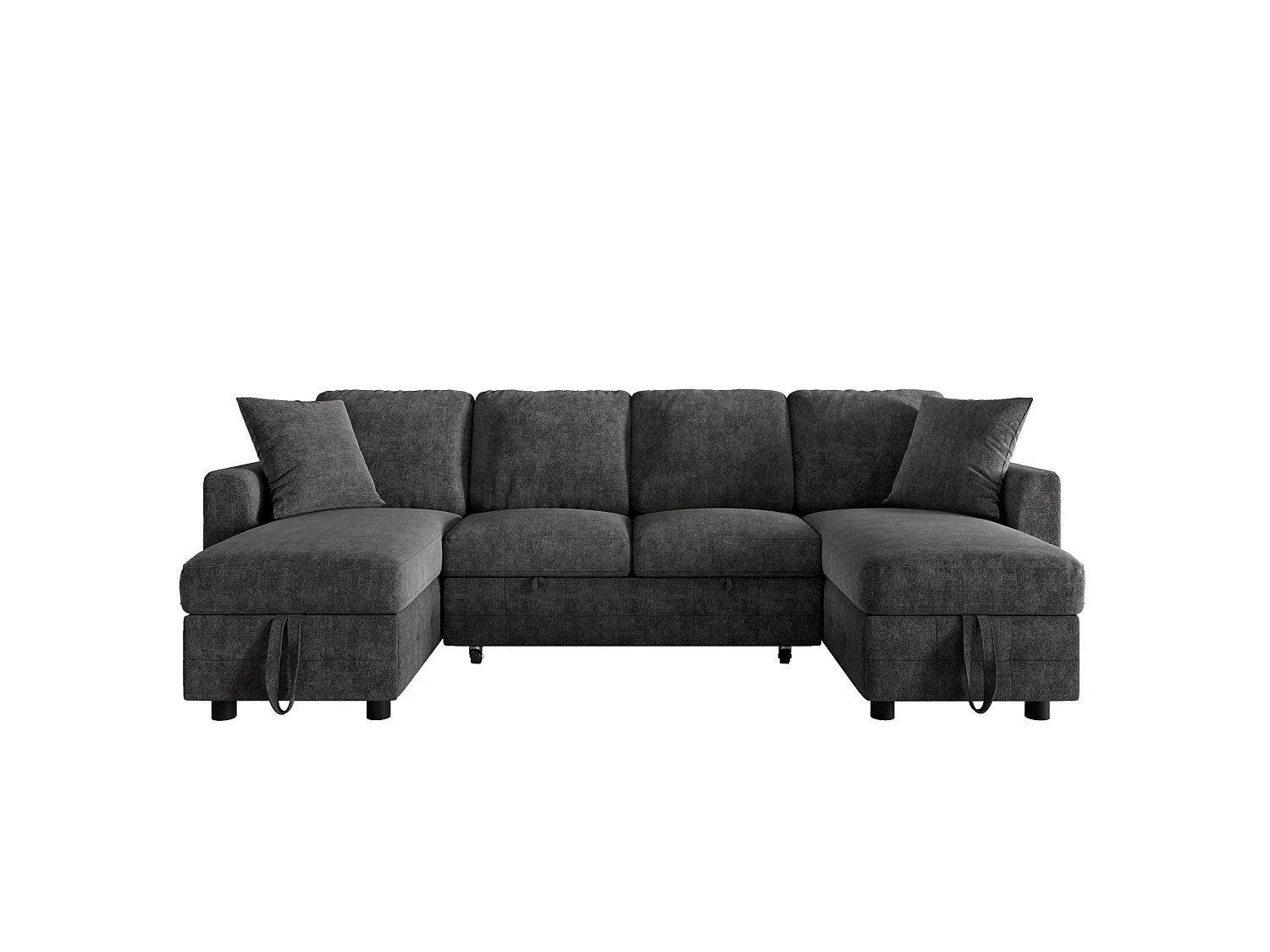 Canapé d'angle convertible 4 places en chenille gris foncé avec 2 rangements méridienne, canapé-lit extensible et ports USB/Type-C