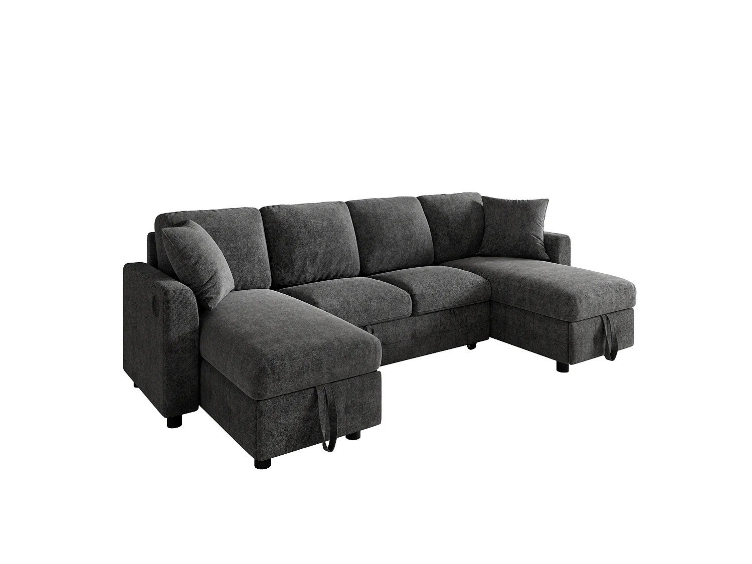 Canapé d'angle convertible 4 places en chenille gris foncé avec 2 rangements méridienne, canapé-lit extensible et ports USB/Type-C