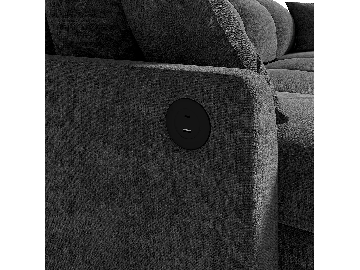 Canapé d'angle convertible 4 places en chenille gris foncé avec 2 rangements méridienne, canapé-lit extensible et ports USB/Type-C