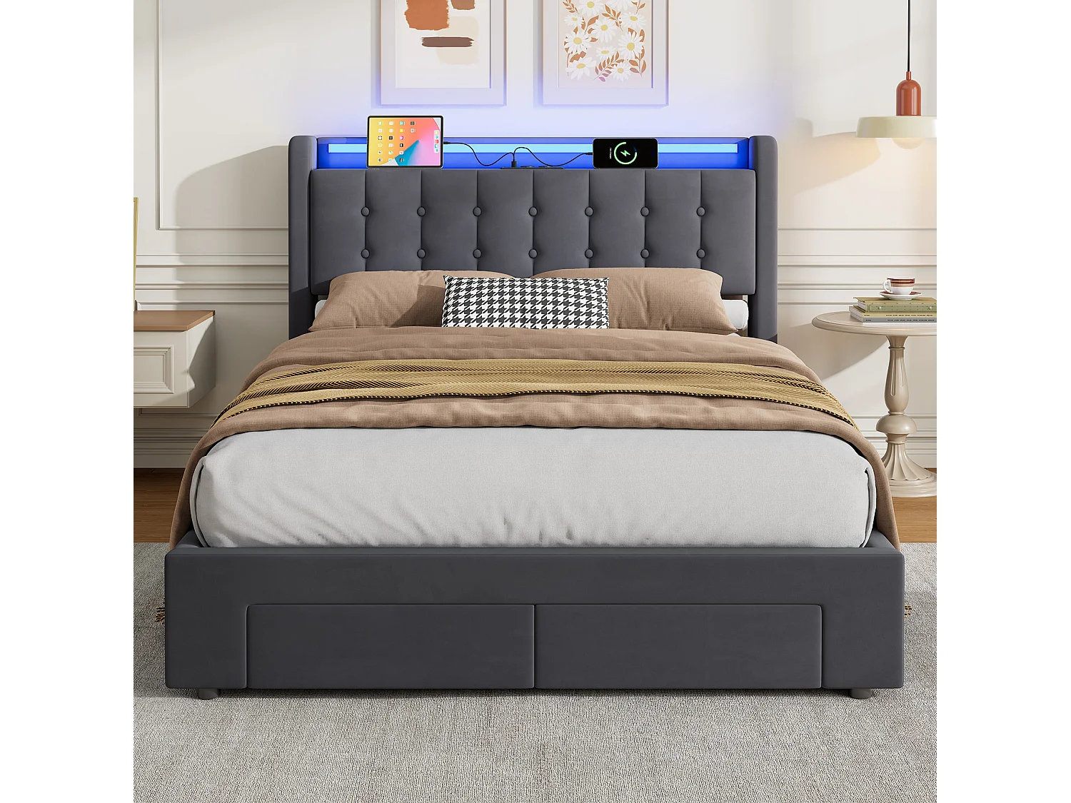 Lit coffre 140x200 cm avec 2 tiroirs, LED, USB et sommier à lattes, rangement de chevet, en velours gris, sans matelas