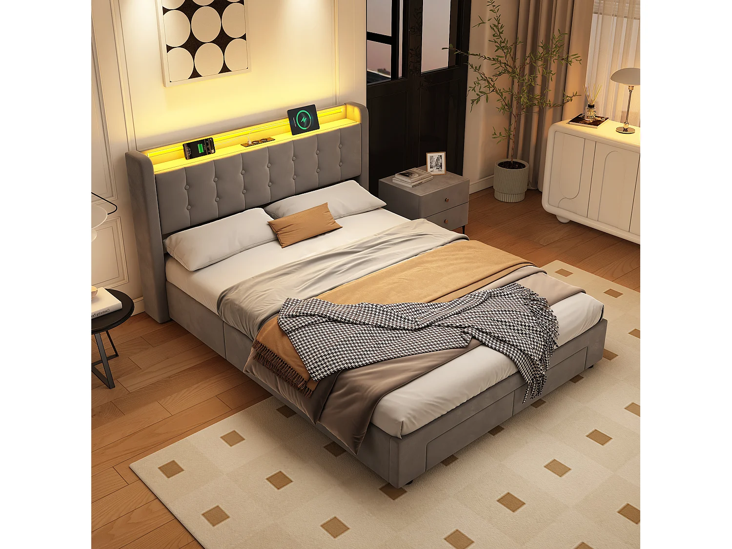 Lit coffre 140x200 cm avec 2 tiroirs, LED, USB et sommier à lattes, rangement de chevet, en velours gris, sans matelas