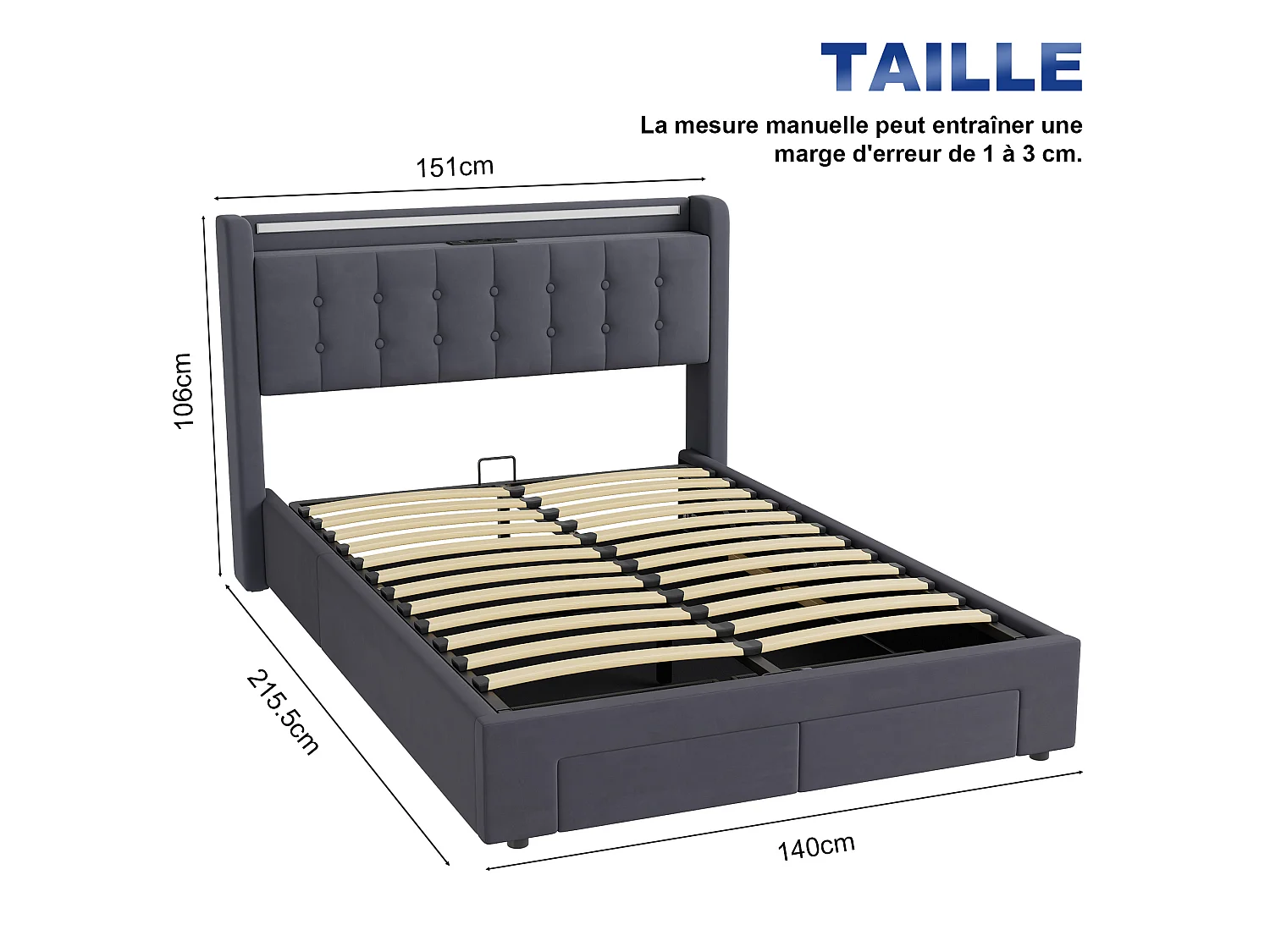 Lit coffre 140x200 cm avec 2 tiroirs, LED, USB et sommier à lattes, rangement de chevet, en velours gris, sans matelas