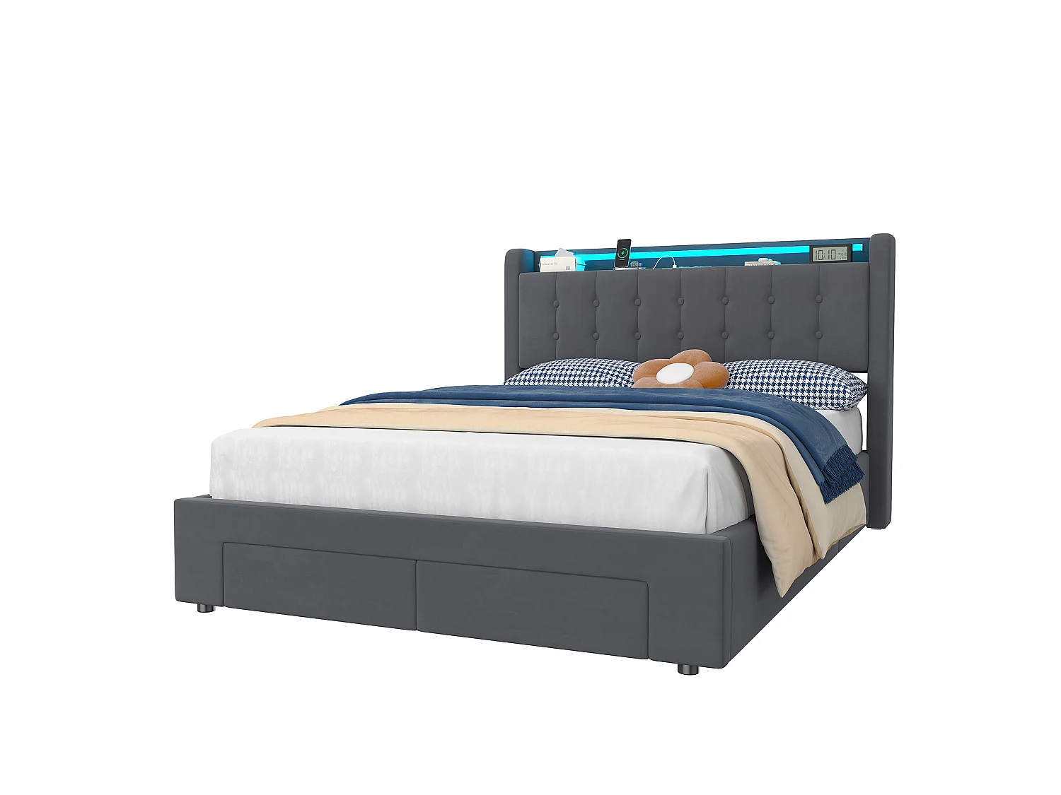 Lit coffre 140x200 cm avec 2 tiroirs, LED, USB et sommier à lattes, rangement de chevet, en velours gris, sans matelas