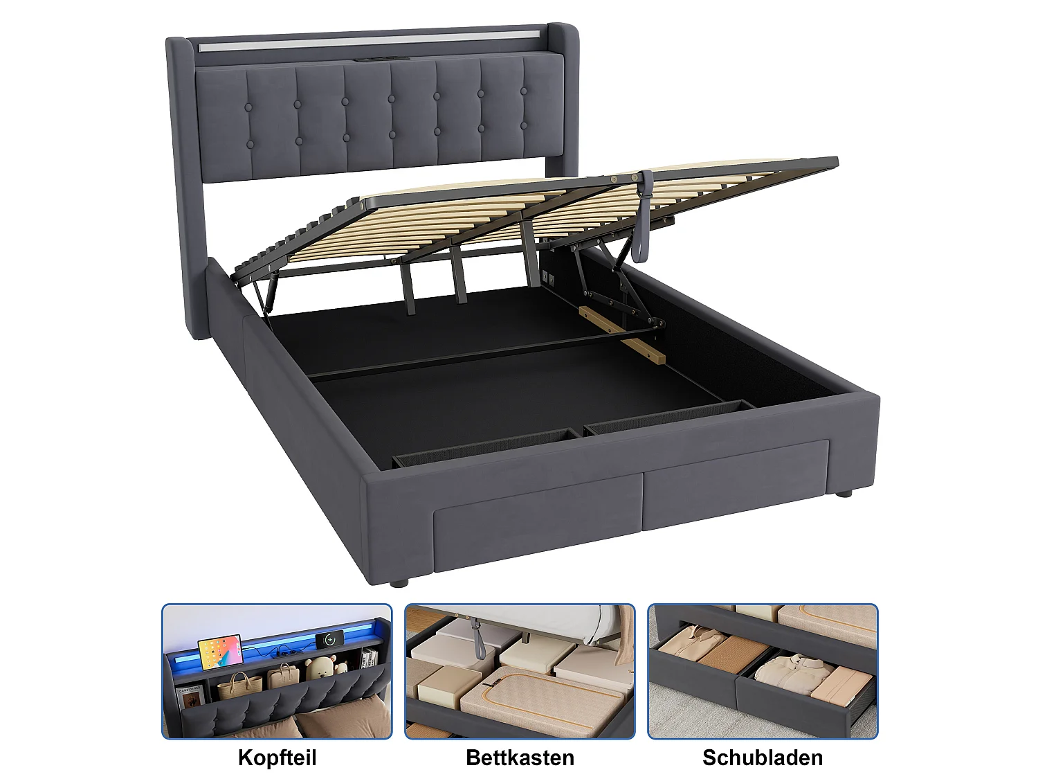 Lit coffre 140x200 cm avec 2 tiroirs, LED, USB et sommier à lattes, rangement de chevet, en velours gris, sans matelas