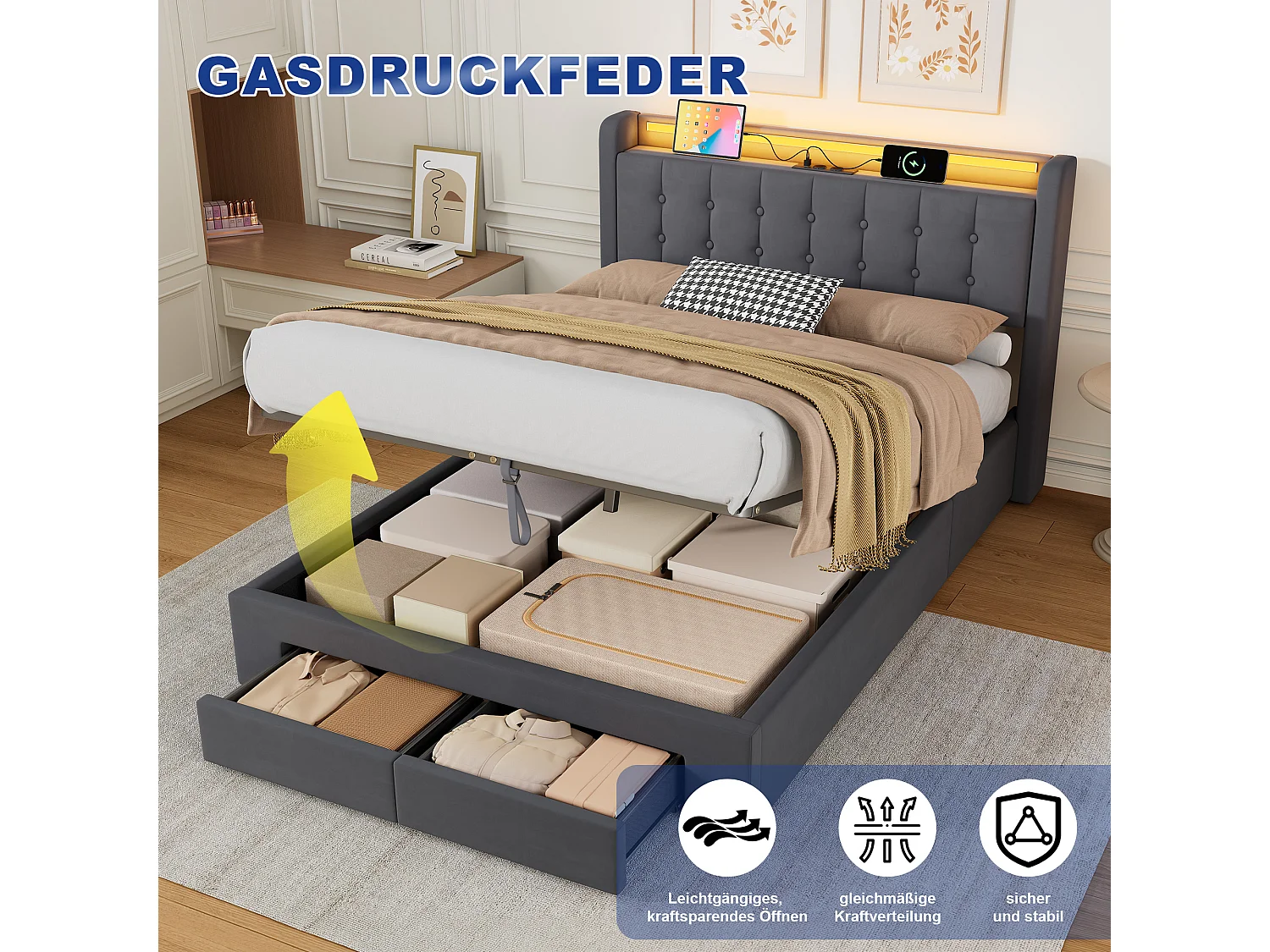 Lit coffre 140x200 cm avec 2 tiroirs, LED, USB et sommier à lattes, rangement de chevet, en velours gris, sans matelas