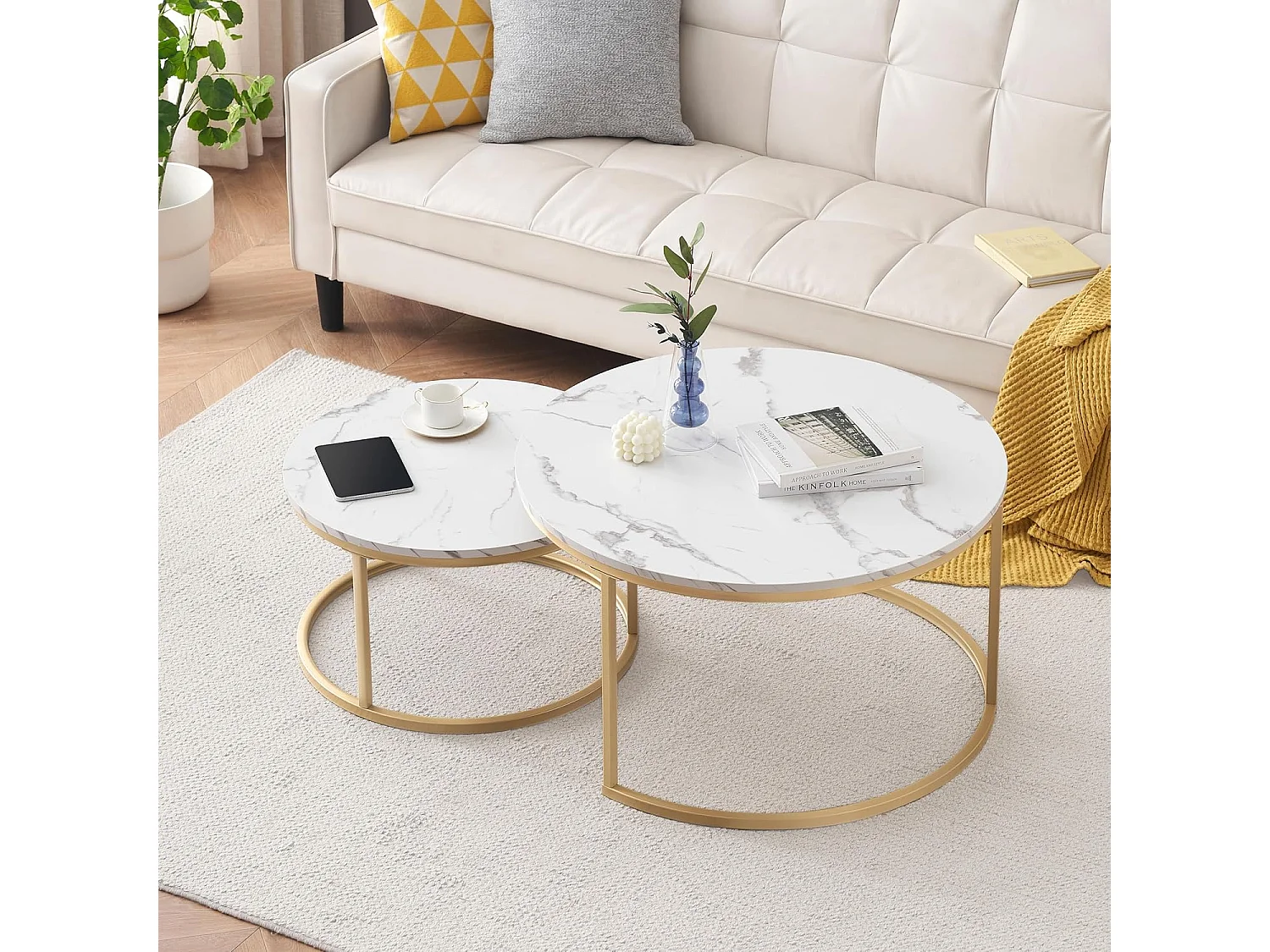 Lot de 2 tables basses gigognes rondes blanches, plateau MDF effet marbre structure métal doré, meuble salon style moderne