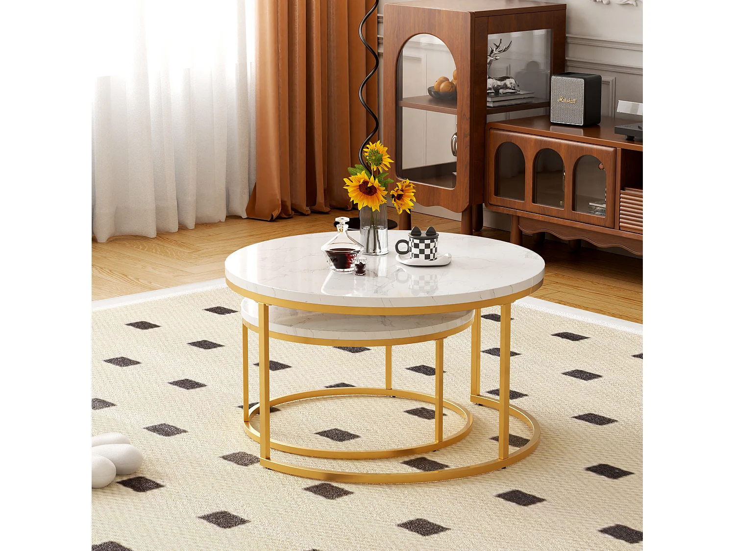 Lot de 2 tables basses gigognes rondes blanches, plateau MDF effet marbre structure métal doré, meuble salon style moderne