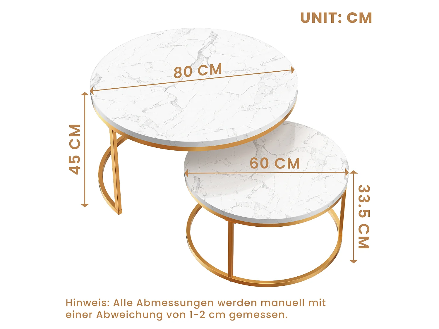 Lot de 2 tables basses gigognes rondes blanches, plateau MDF effet marbre structure métal doré, meuble salon style moderne