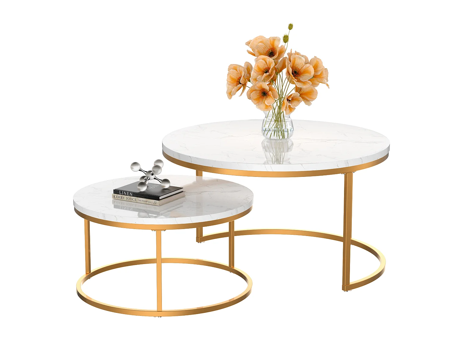 Lot de 2 tables basses gigognes rondes blanches, plateau MDF effet marbre structure métal doré, meuble salon style moderne