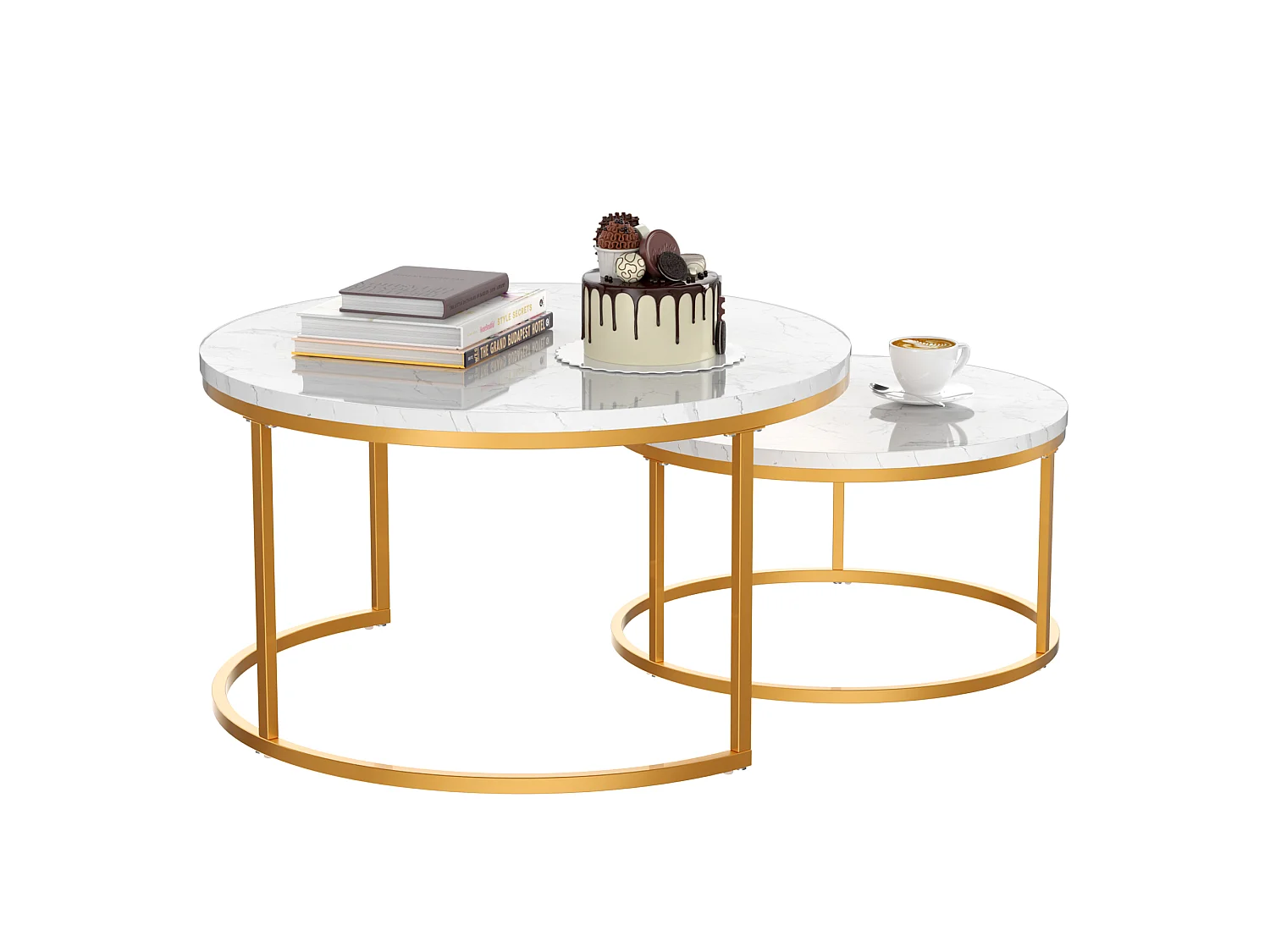 Lot de 2 tables basses gigognes rondes blanches, plateau MDF effet marbre structure métal doré, meuble salon style moderne