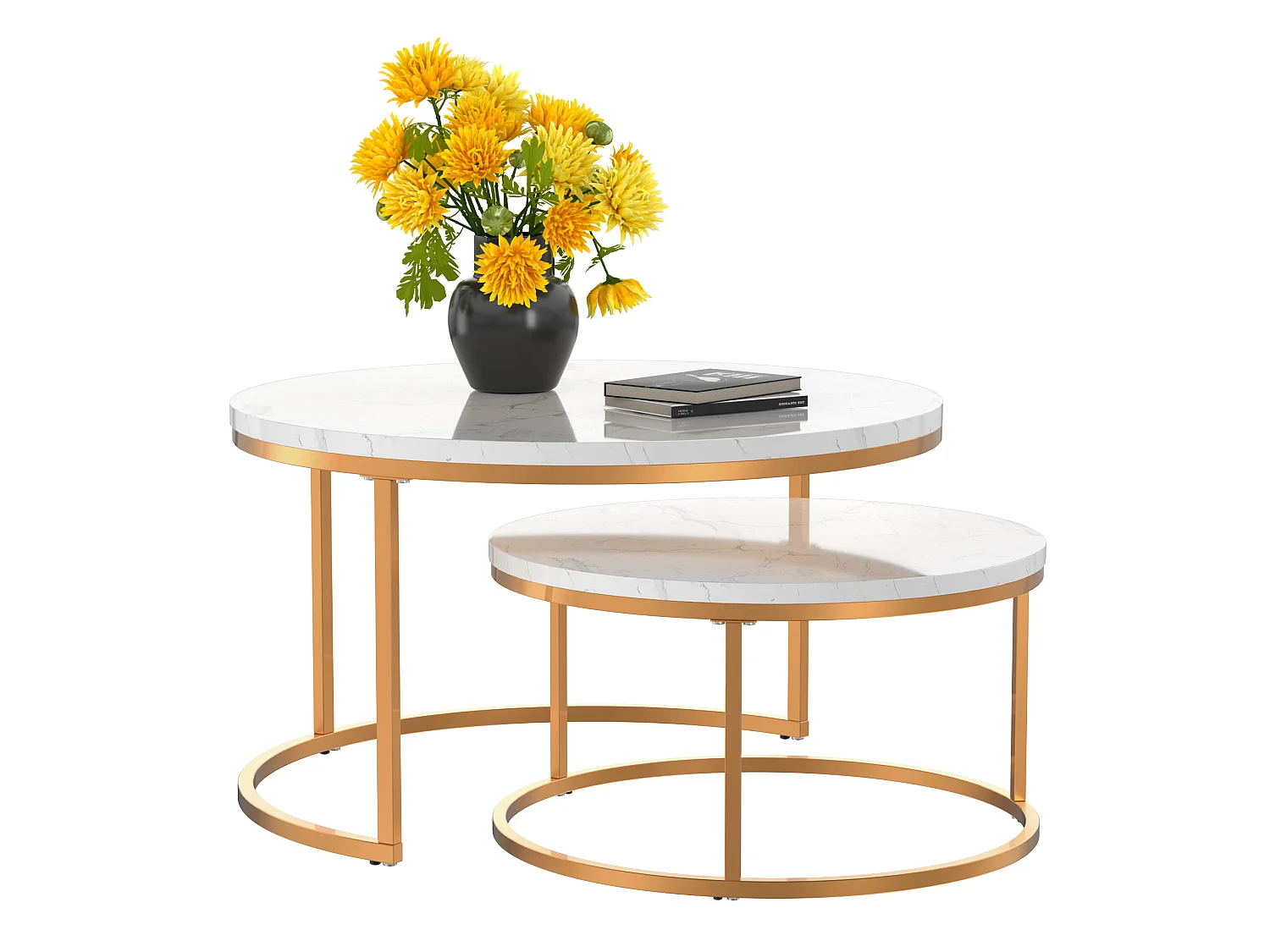 Lot de 2 tables basses gigognes rondes blanches, plateau MDF effet marbre structure métal doré, meuble salon style moderne