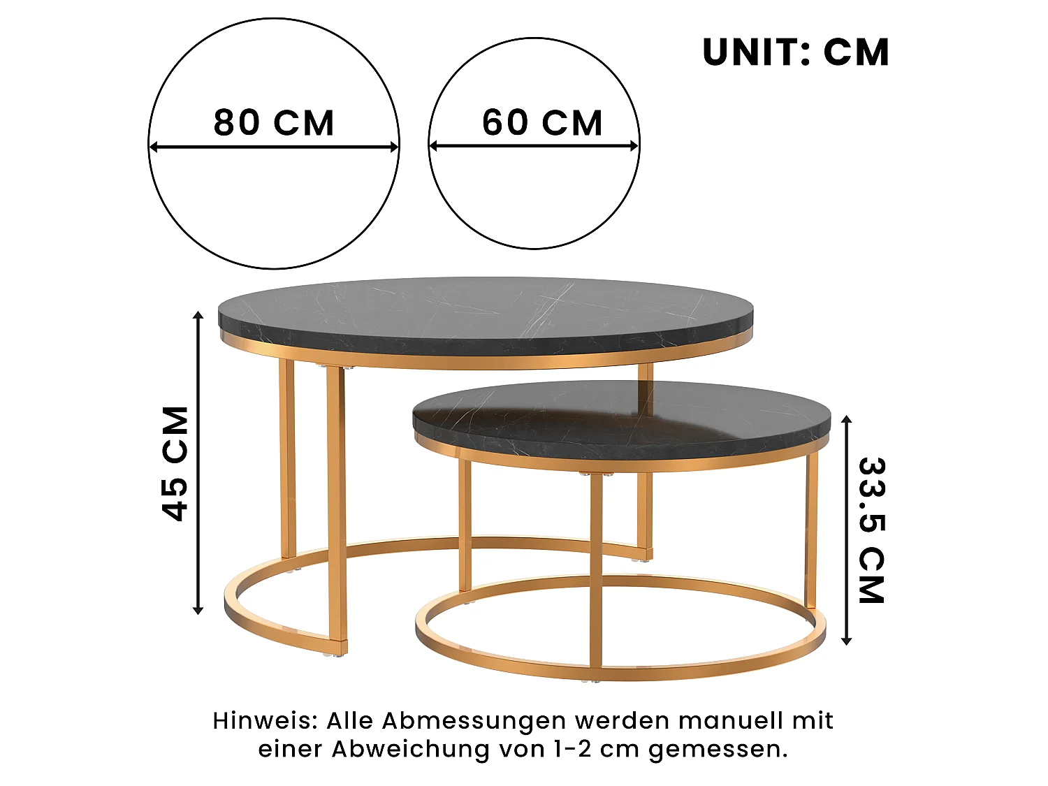 Conjunto de 2 mesas de centro redondas pretas, tampo em MDF com efeito mármore, estrutura metálica dourada, design moderno