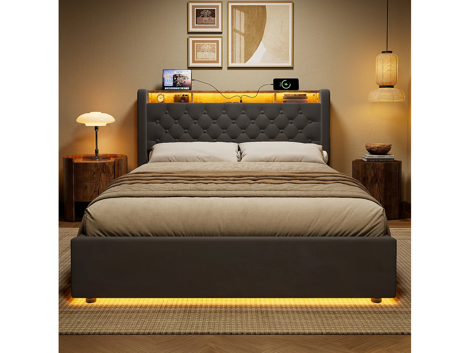Lit coffre 140x190 cm avec éclairage LED, tête de lit avec rangement et sommier à lattes, en velours gris foncé, sans matelas