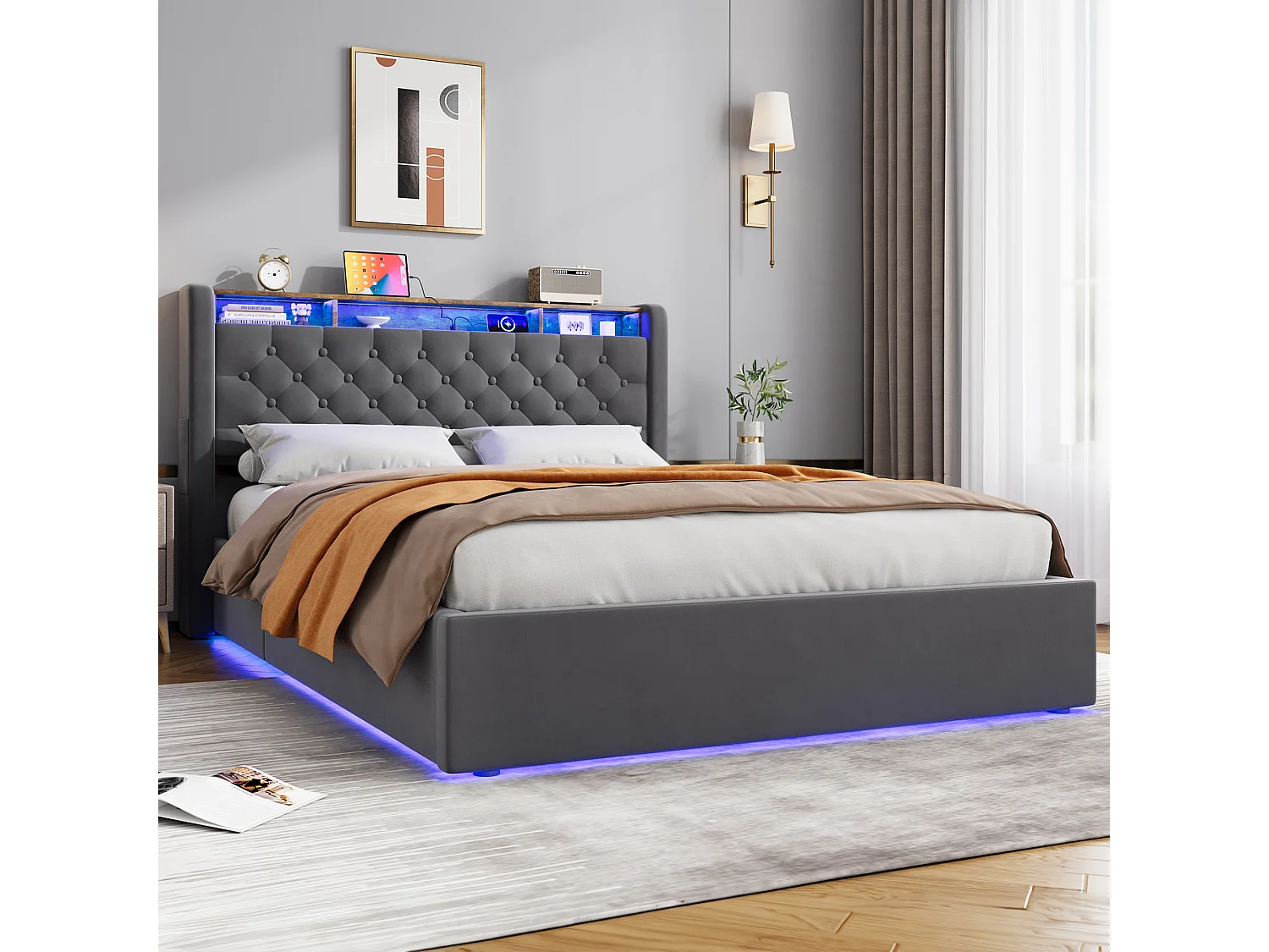 Lit coffre 140x190 cm avec éclairage LED, tête de lit avec rangement et sommier à lattes, en velours gris foncé, sans matelas