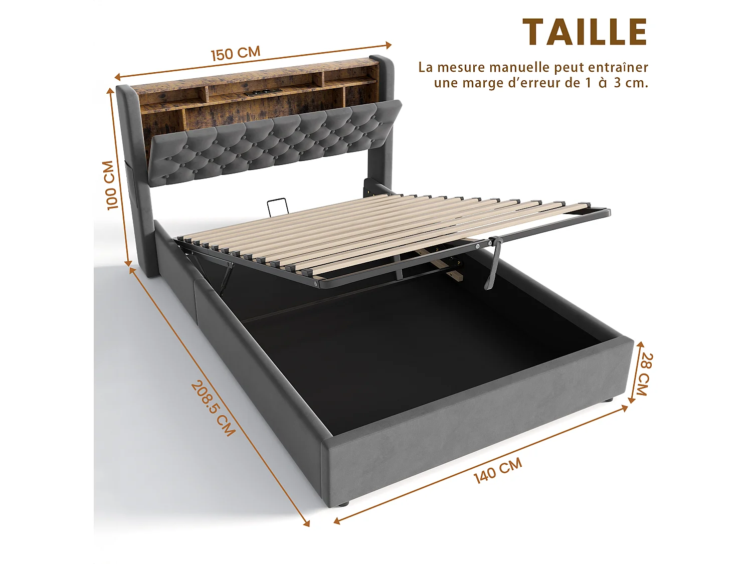 Lit coffre 140x190 cm avec éclairage LED, tête de lit avec rangement et sommier à lattes, en velours gris foncé, sans matelas