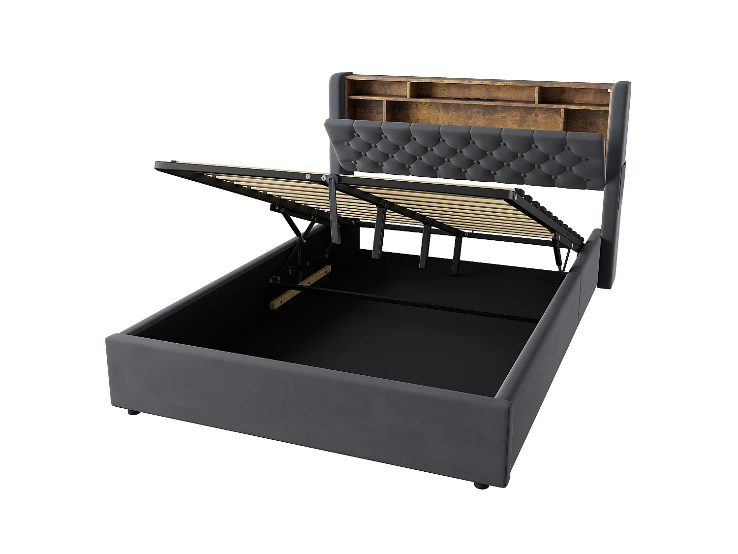Lit coffre 140x190 cm avec éclairage LED, tête de lit avec rangement et sommier à lattes, en velours gris foncé, sans matelas