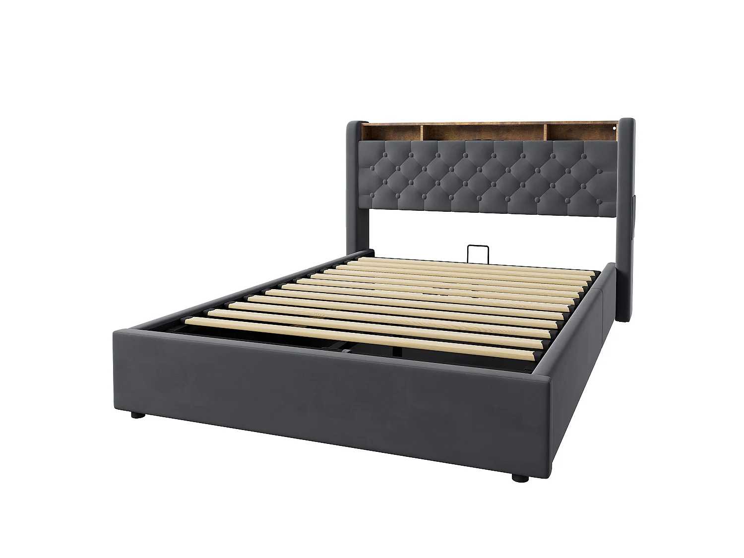Lit coffre 140x190 cm avec éclairage LED, tête de lit avec rangement et sommier à lattes, en velours gris foncé, sans matelas