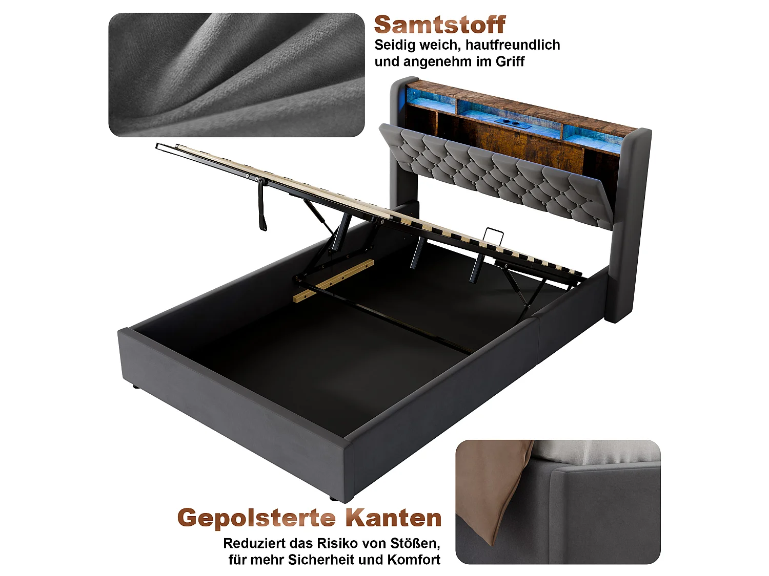 Lit coffre 140x190 cm avec éclairage LED, tête de lit avec rangement et sommier à lattes, en velours gris foncé, sans matelas