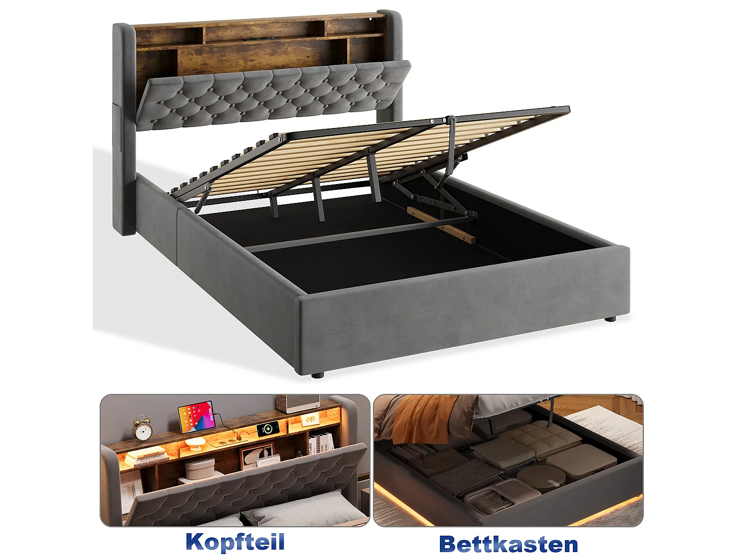 Lit coffre 140x190 cm avec éclairage LED, tête de lit avec rangement et sommier à lattes, en velours gris foncé, sans matelas