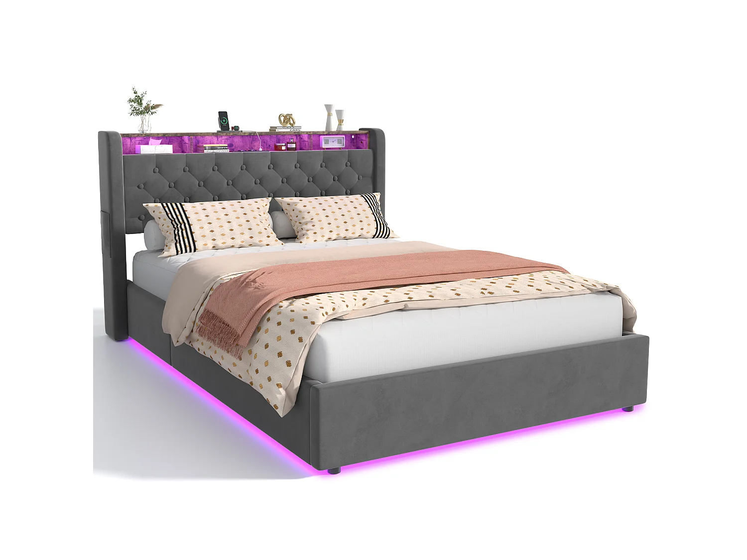 Lit coffre 140x190 cm avec éclairage LED, tête de lit avec rangement et sommier à lattes, en velours gris foncé, sans matelas